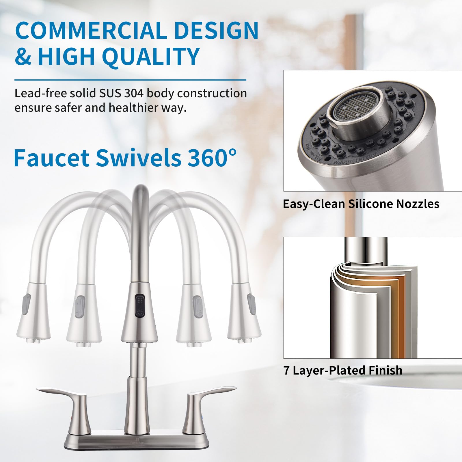 Homelody 2 Handles Kitchen Faucet With Pull Down Sprayer For 3 Hole Sink, 8 Inch 360 Rotating Spout Centerset Kitchen Sink Fauce