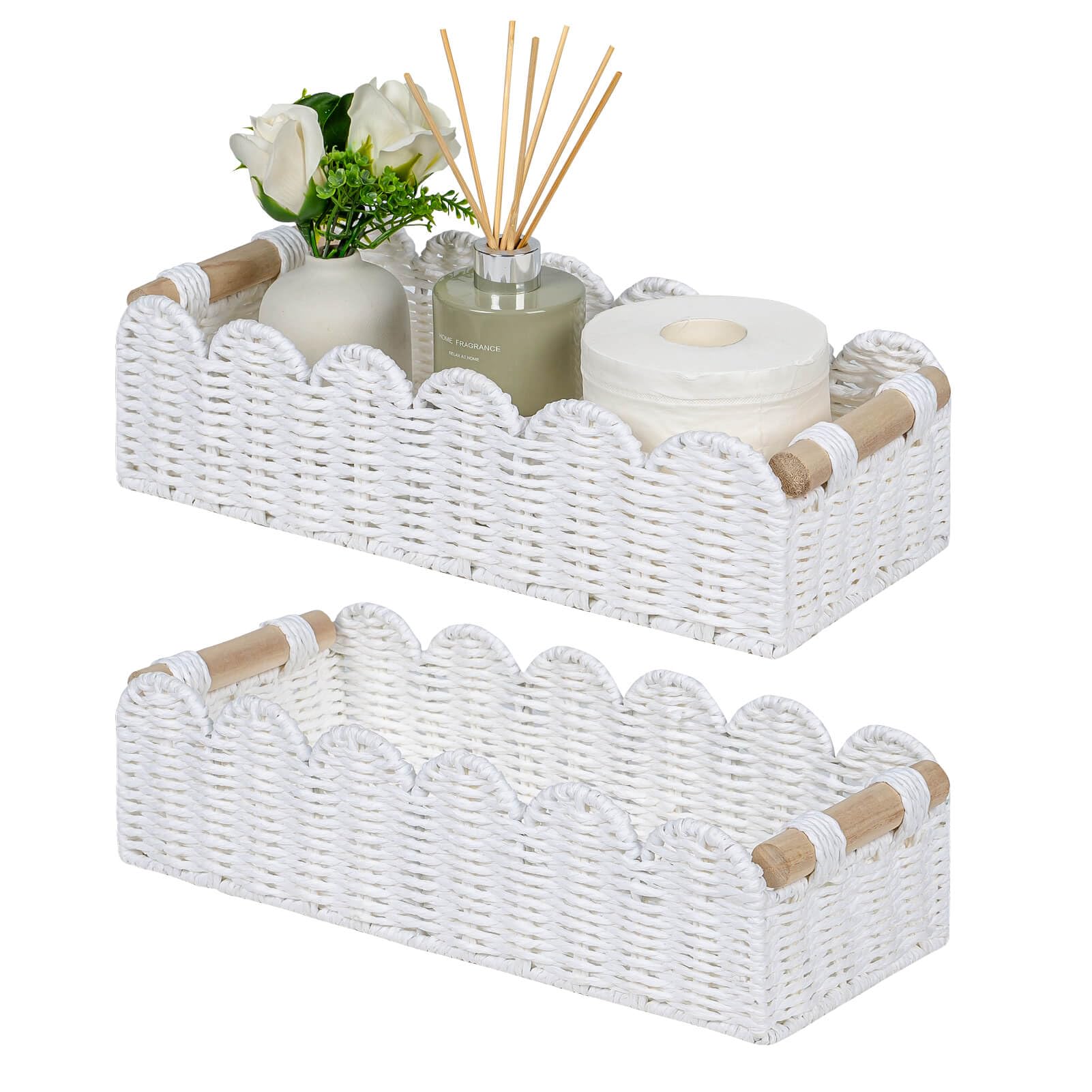CubesLand Scalloped Edge Decor Basket for Living Room, Home, Bathroom, 2SAME SIZE Paper Rope Basket, Toilet Storage Baskets for 