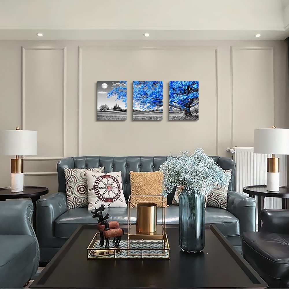 Wall Art For Living Room Black And White Blue Tree Moon Canvas Wall Decor For Home Artwork Huge Painting 16'' X 24'' 3 Pieces Ca