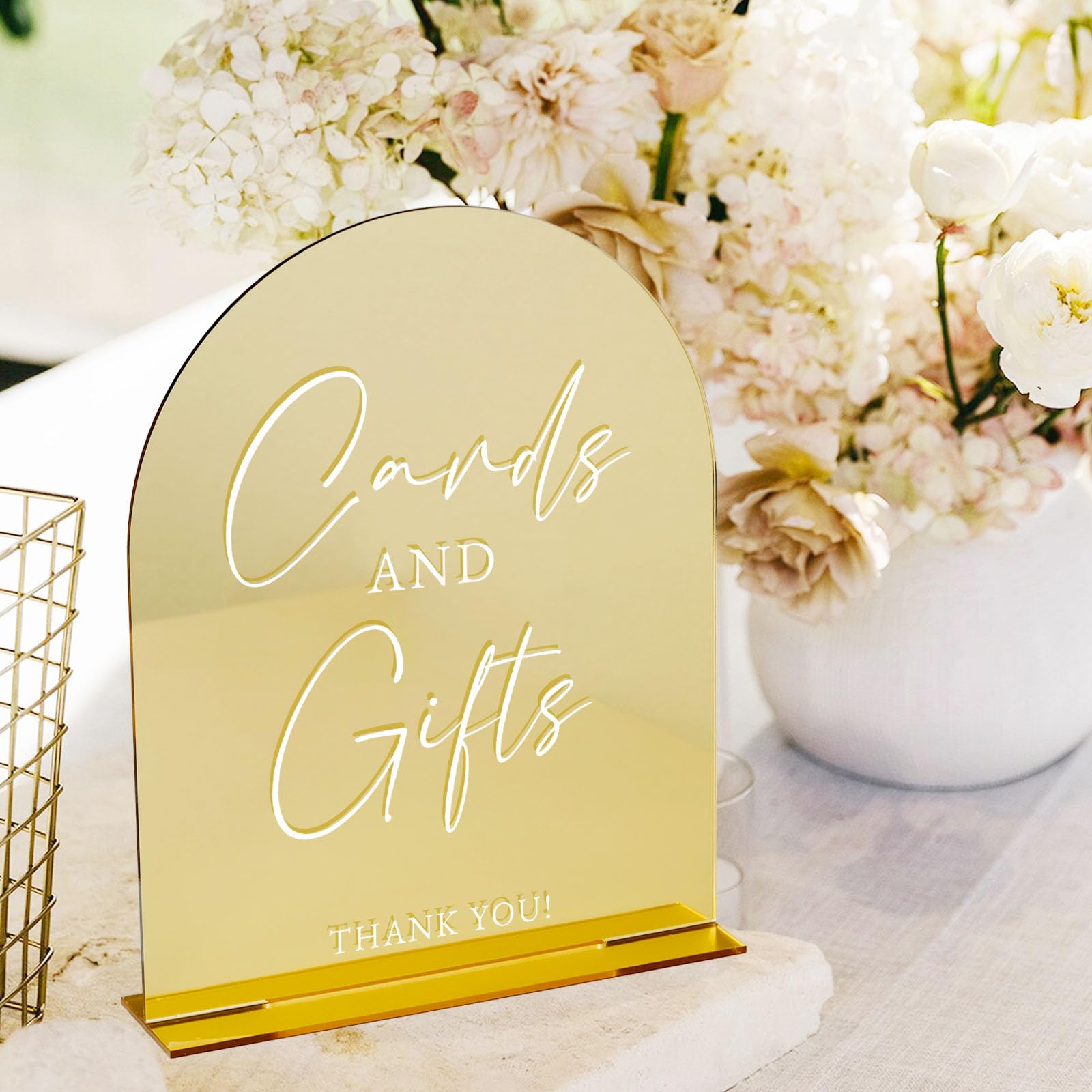 Cards and Gifts Sign with Stand- 8x10 Gold Mirror Acrylic Wedding Sign and Base,1/8 Thick | Modern Calligraphy White Lettering A