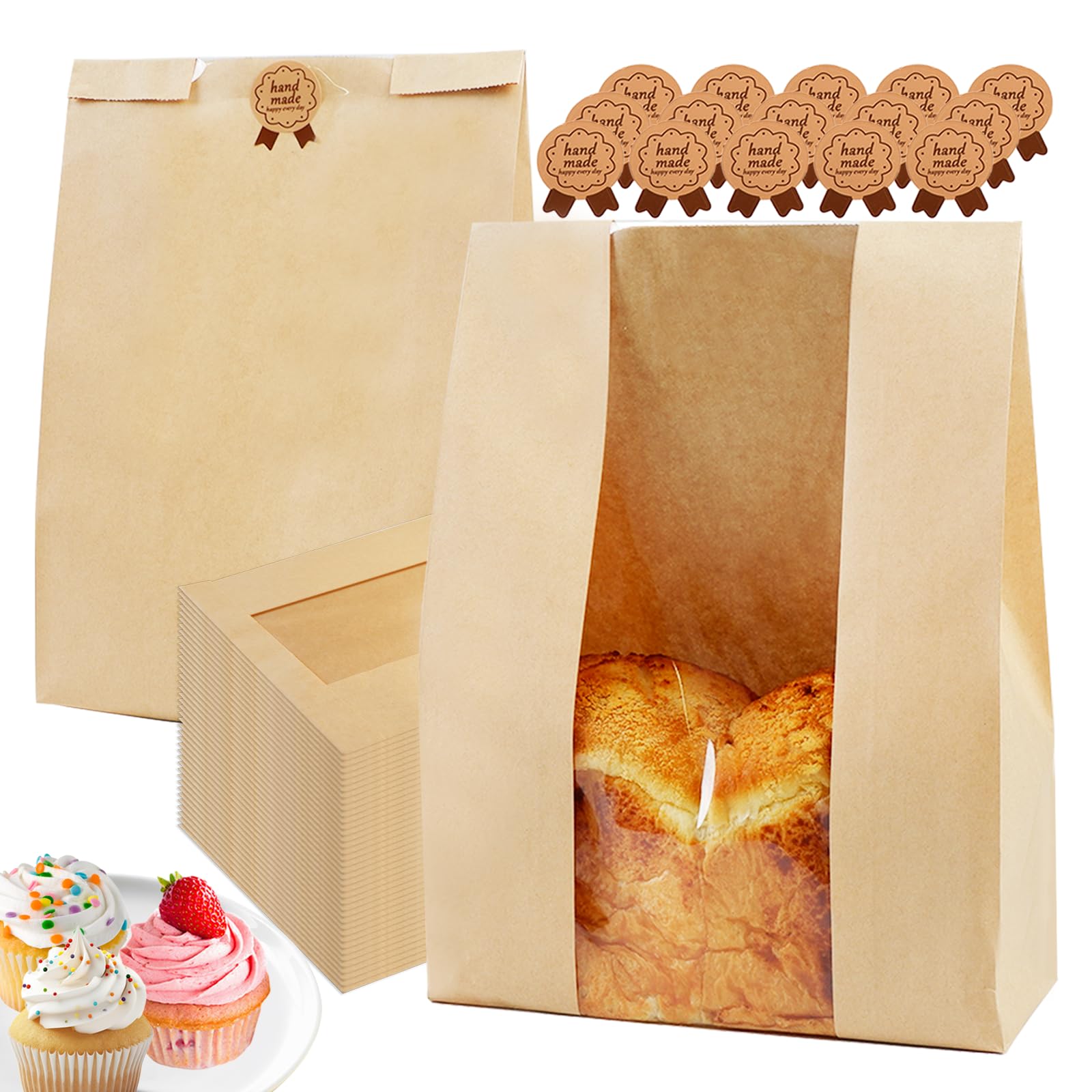 100 Pack Large 14x8.3x3.5in Bread Bags for Homemade Bread, Kraft Paper Bakery Bags with Clear Window & Tin Tie Lock, Thicker Coo
