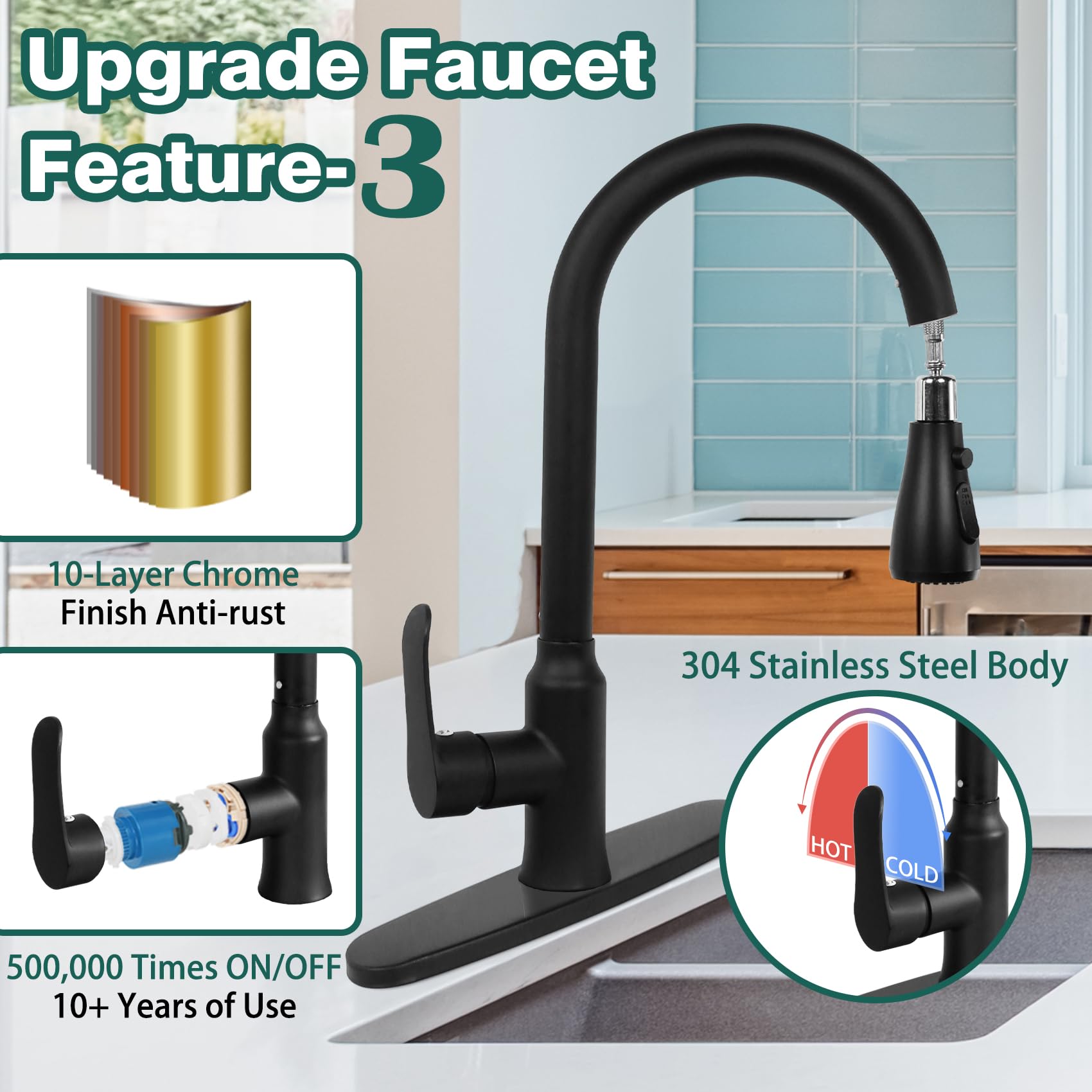 Kitchen Faucets With Pull Down Sprayer, Matte Black, Stainless Steel Kitchen Sink Faucet With High Arc Sprayer, Single Handle Co