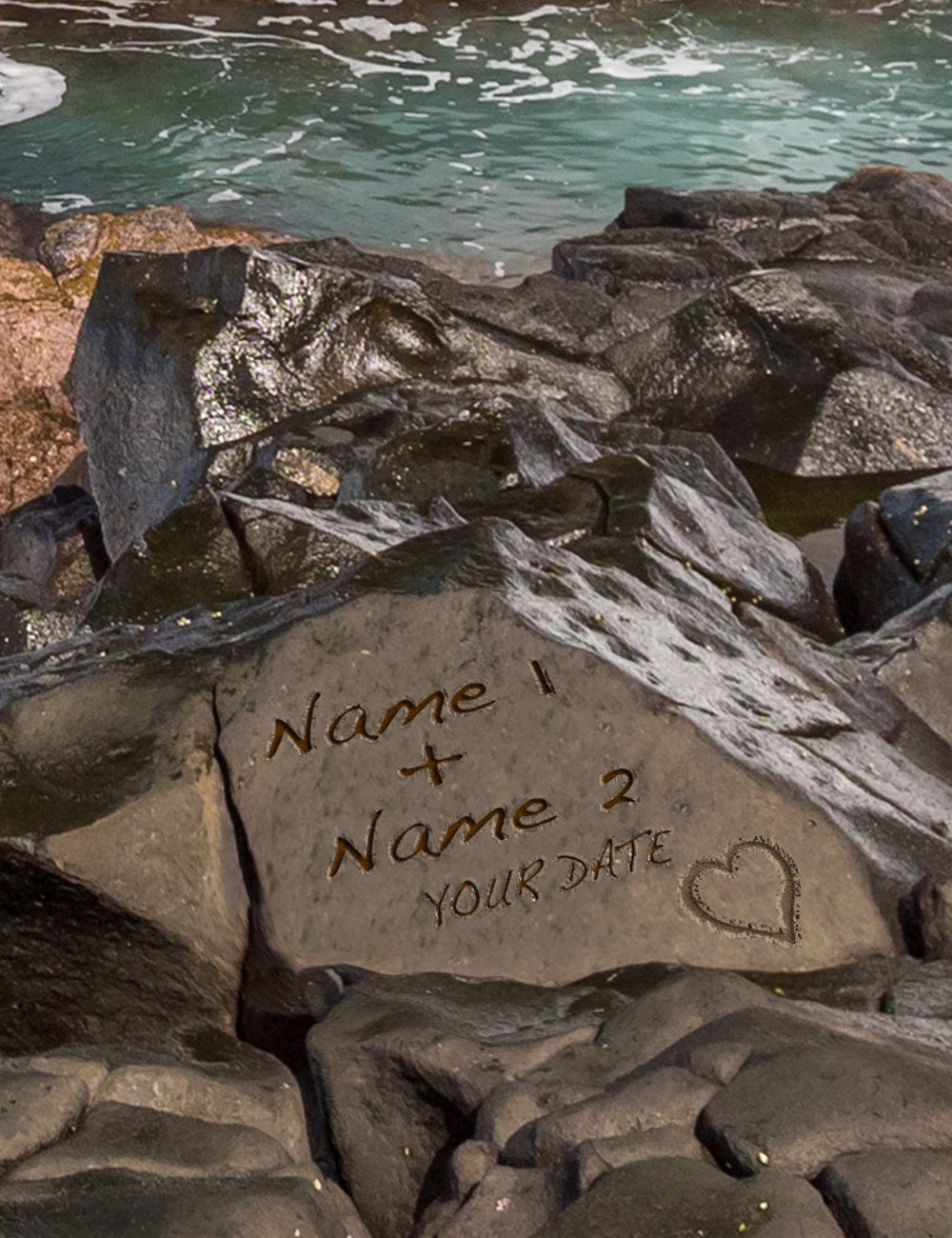 Ipic - Waves Crashing At Queen'S Bath, Kauai, Hawaii. Personalized Artwork With Names And Date On, Customized Gift For Anniversa