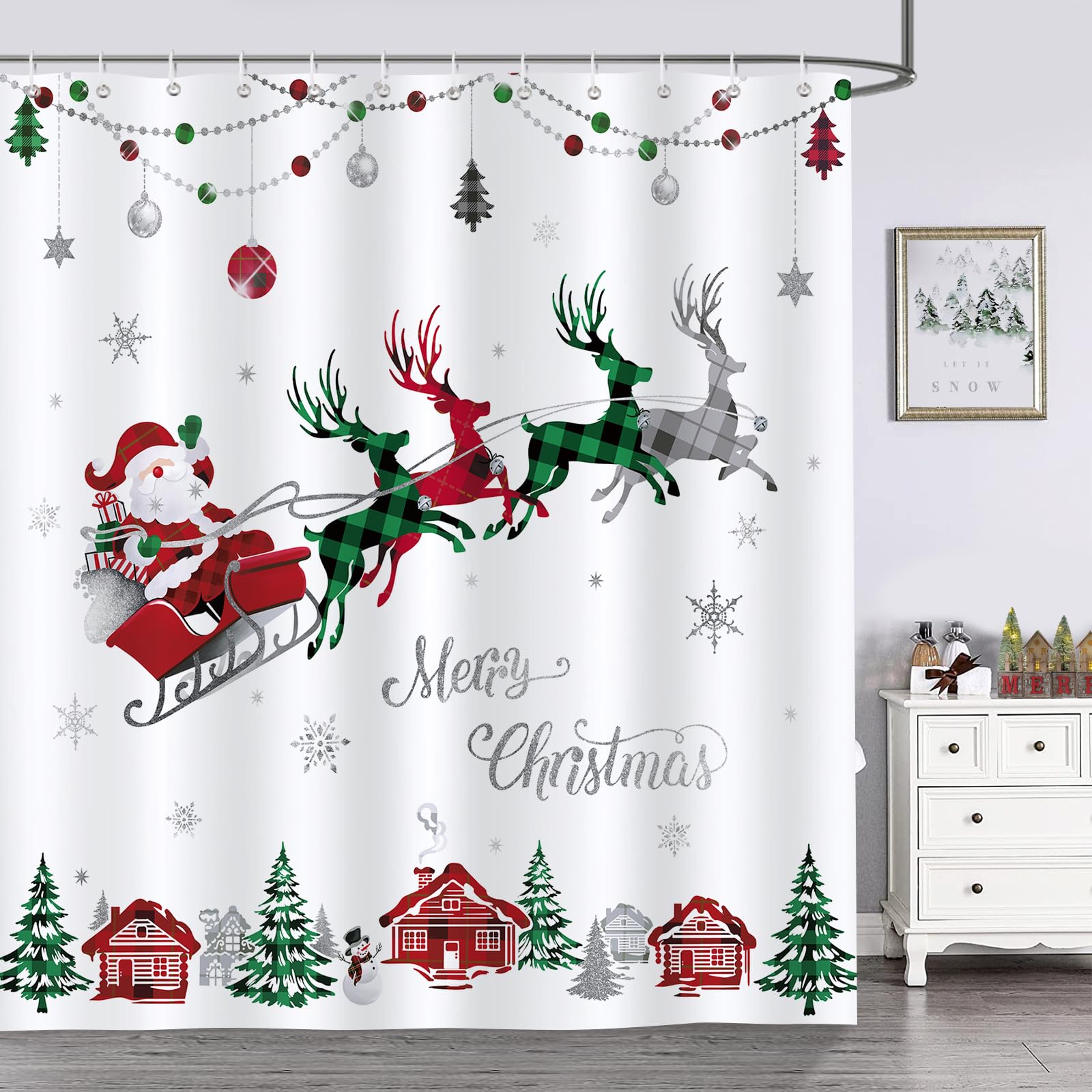 Bonhause Merry Christmas Shower Curtain Red And Green Check Plaid Santa Claus Sleigh Reindeer Decorative Bath Curtain 72 X 72 In