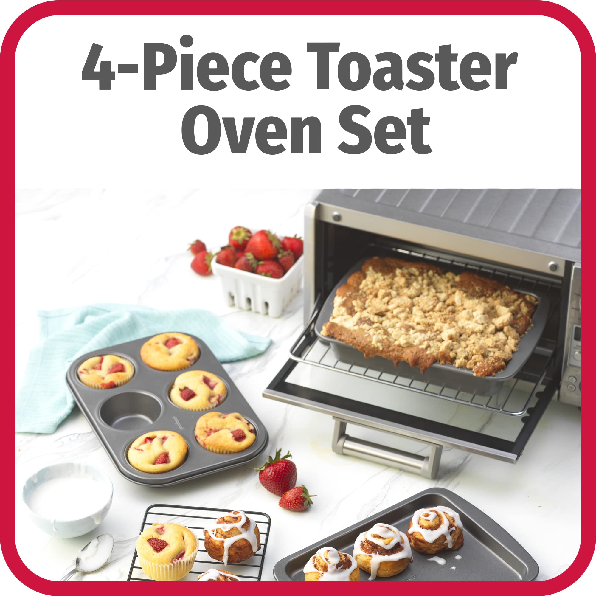 Goodcook 4-Piece Nonstick Steel Toaster Oven Set With Sheet Pan, Rack, Cake Pan, And Muffin Pan, Gray (4220), Assorted