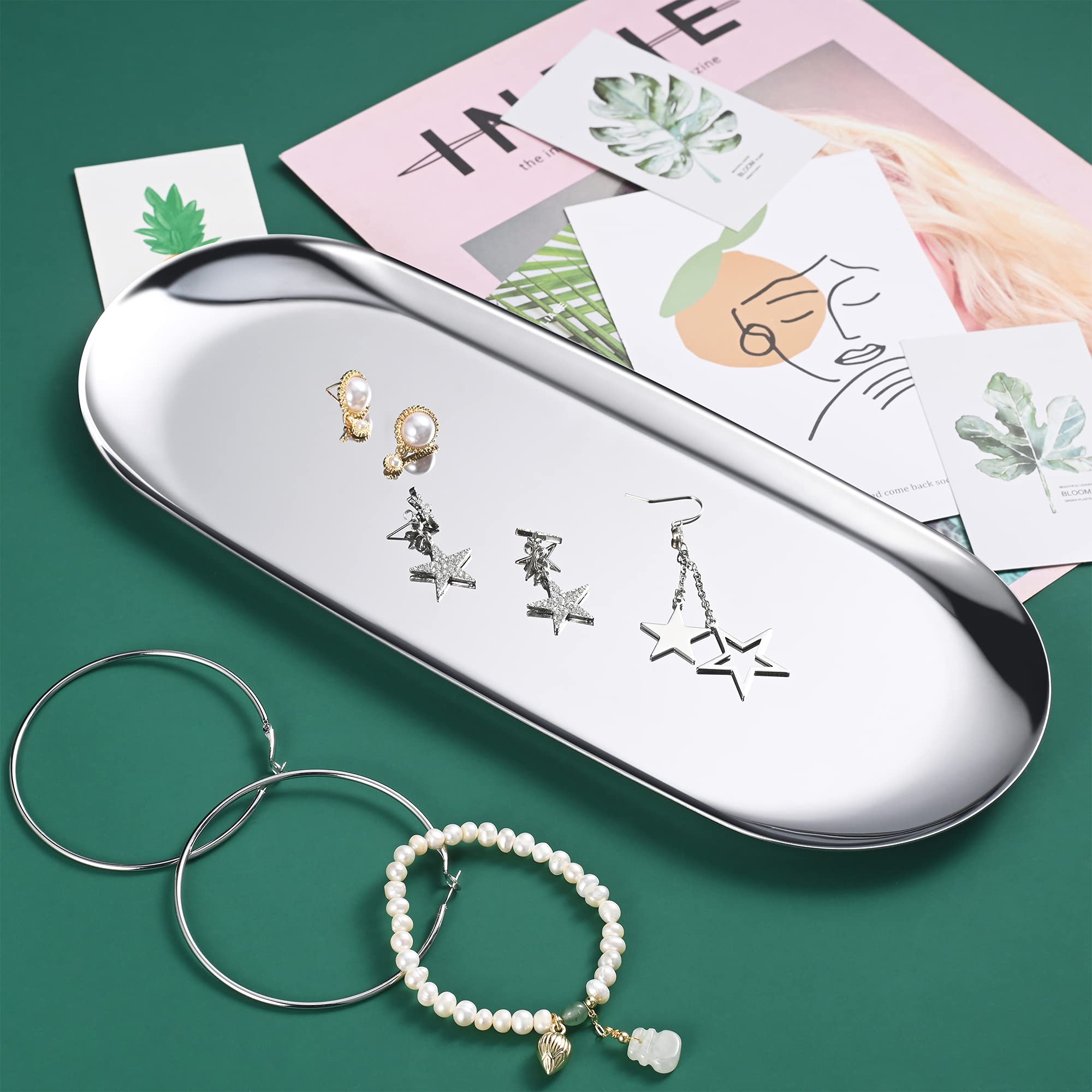 2 Pack Silver Oval Vanity Tray, Stainless Steel Jewelry Tray, Bathroom Tray, Makeup Cosmetic Trays,Towel Napkin Tray,Storage Org