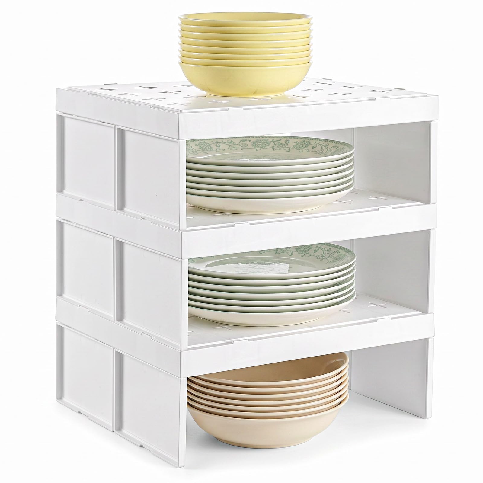 Paper Plate Dispenser Set of 3, SpaceSaving Stackable Organizer for 69.5 Inch Disposable Plates and Bowls, White Polypropylene