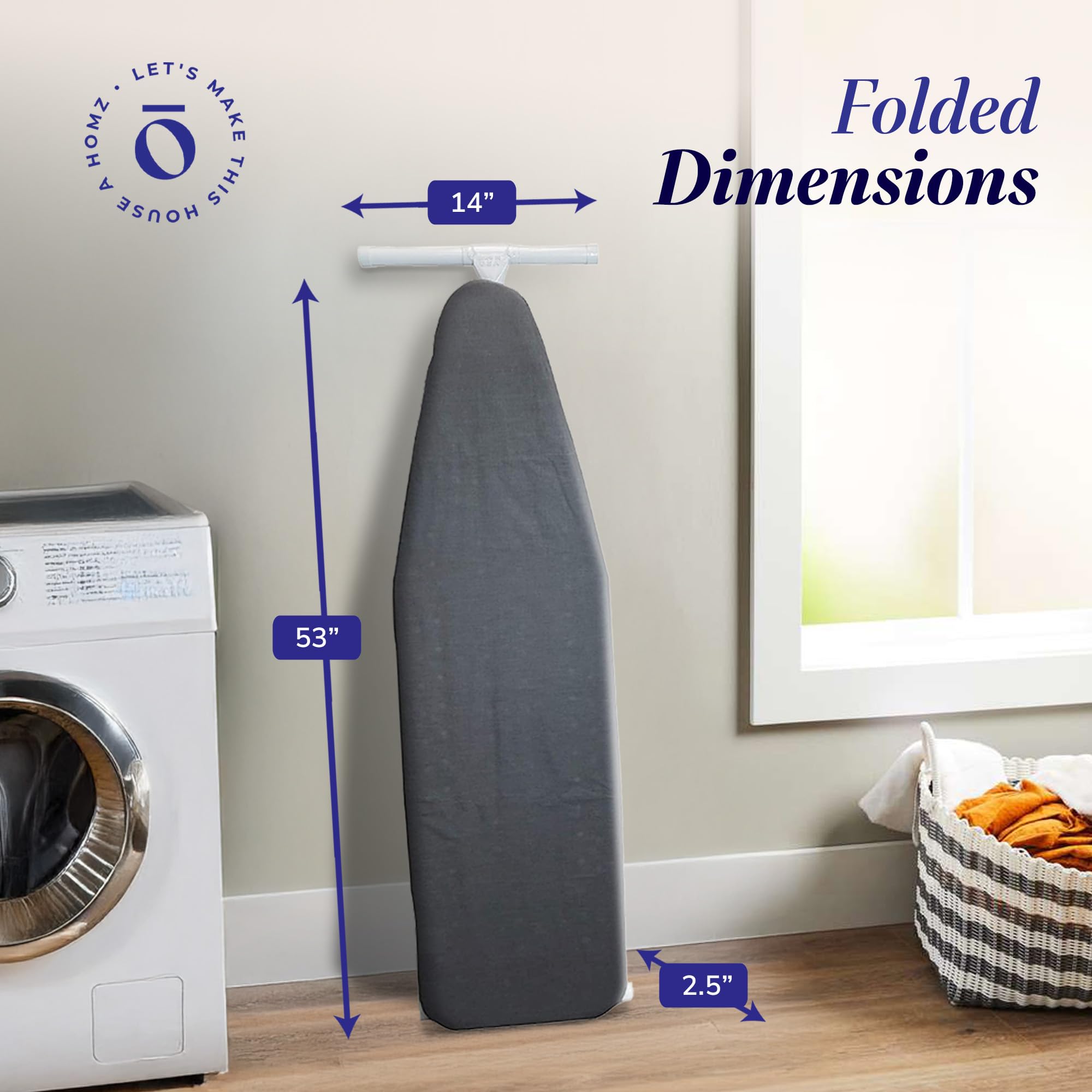 Homz T-Leg Clothes Ironing Board, Compact Foldable Standard Size Adjustable Height With Foam Pad & Cotton Cover, Charcoal Gray