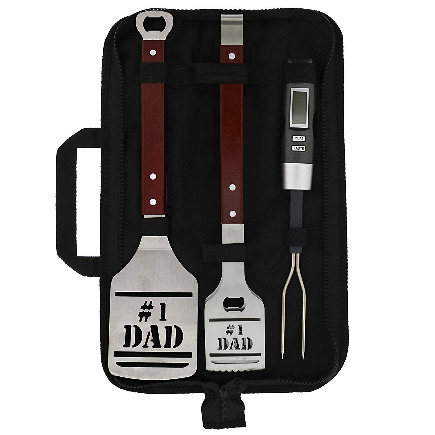 Panoware Bbq Grill Tools Set Gift For Dad, 4 Piece Set, Number 1 Dad Tongs, Spatula, Digital Thermometer And Case