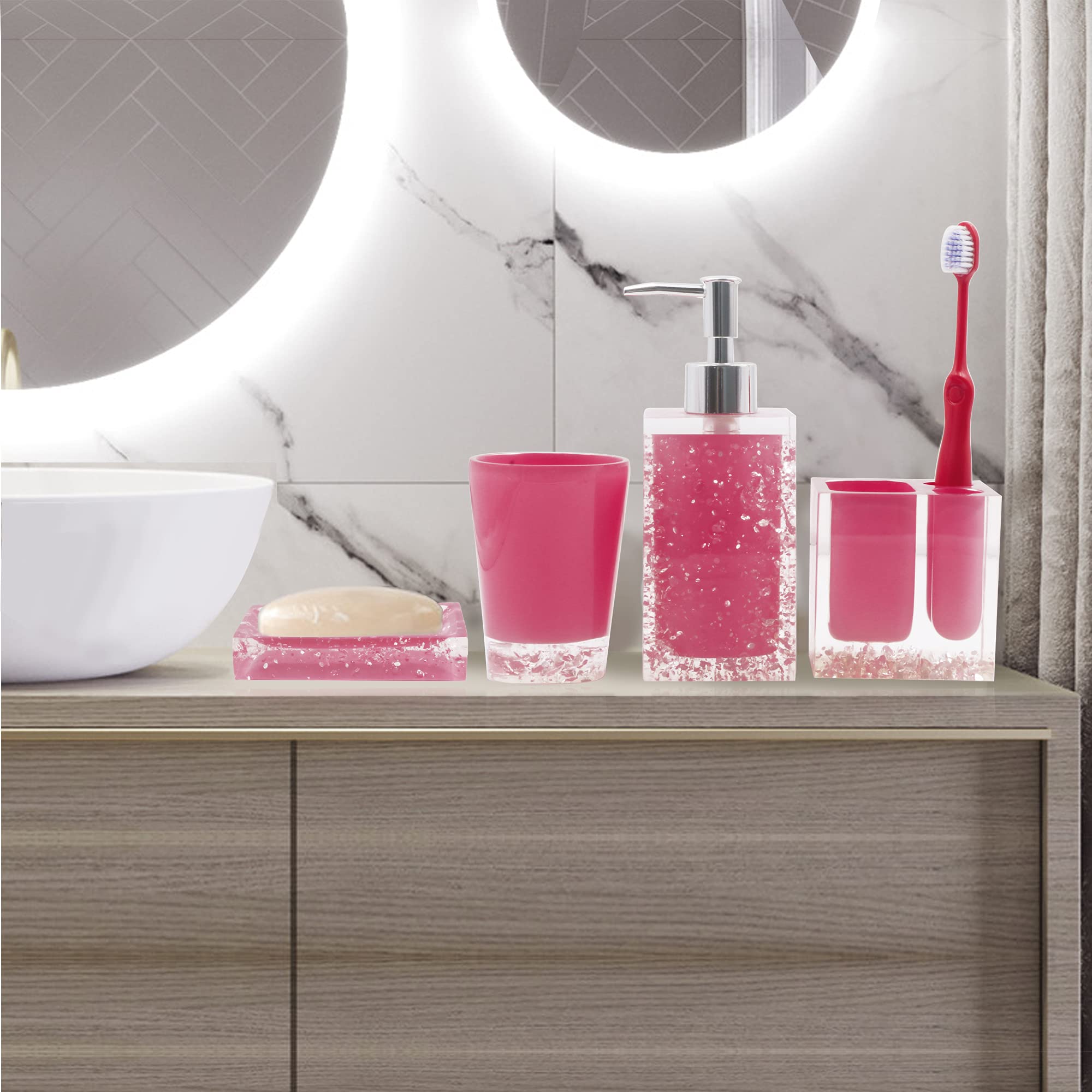 Luant Resin Soap Dish, Soap Dispenser, Toothbrush Holder & Tumbler Bathroom Accessory 5 Piece Set (Pink)