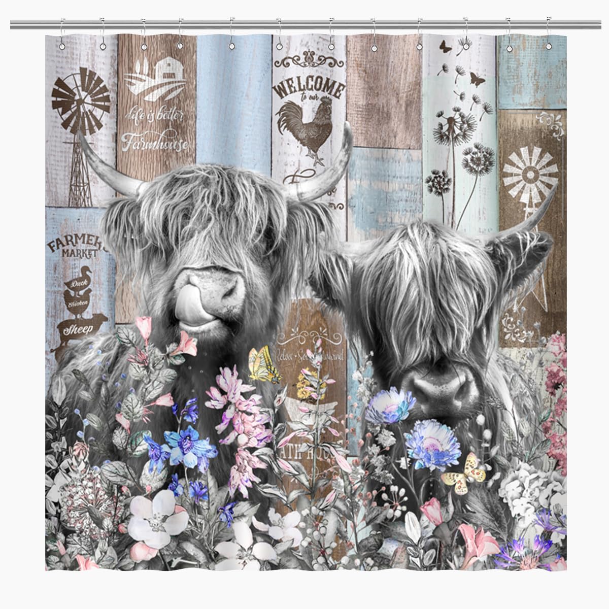 Biysuc Farmhouse Cow Shower Curtain Rustic Funny Highland Cattle Wildflower Windmill Farm Wildlife Animal Wooden Board Country B