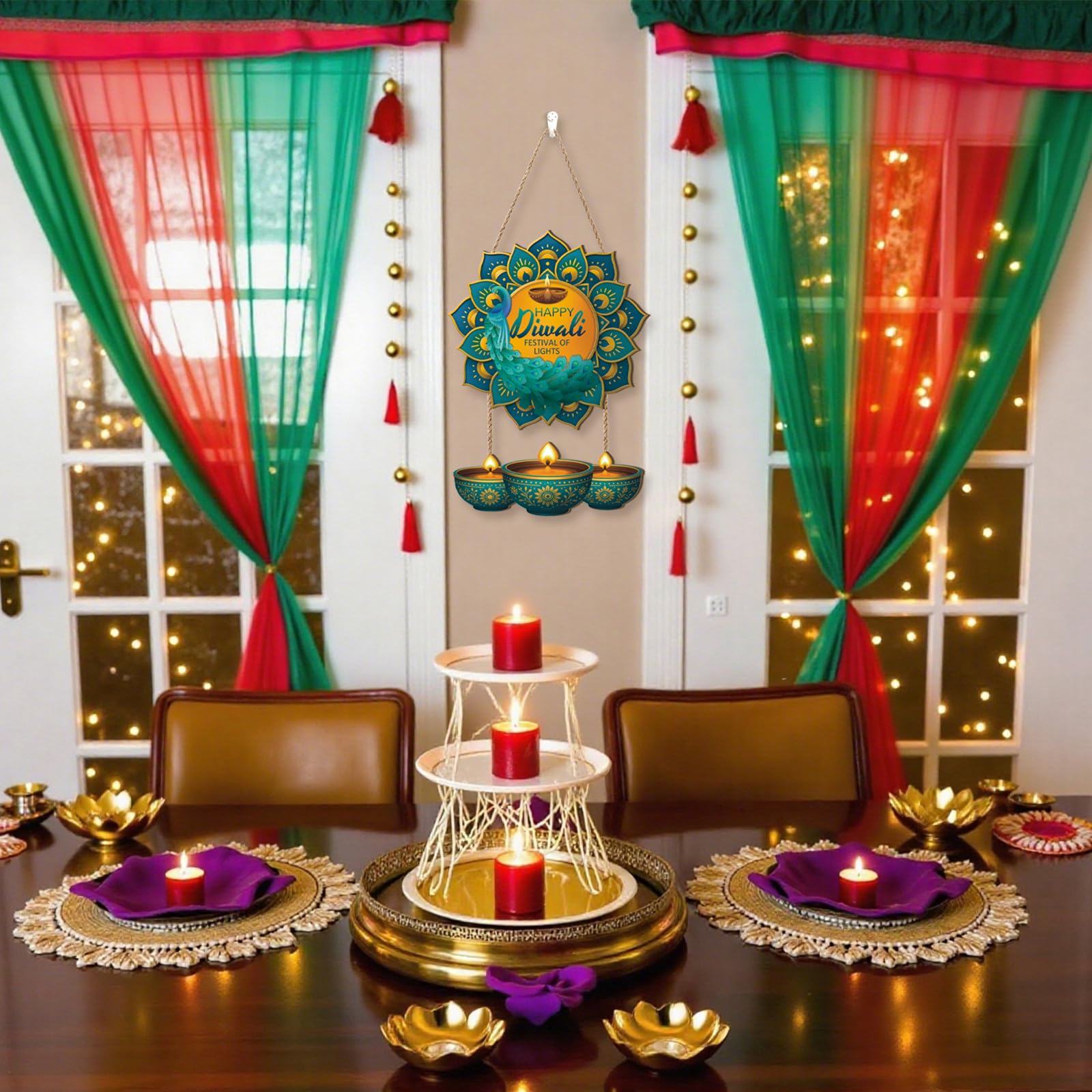 Celestdeco Happy Diwali Front Door Decor,Indian Festival of Lights Wall Hanging,Peacock Diwali Door Sign,Indian Deepavali Themed