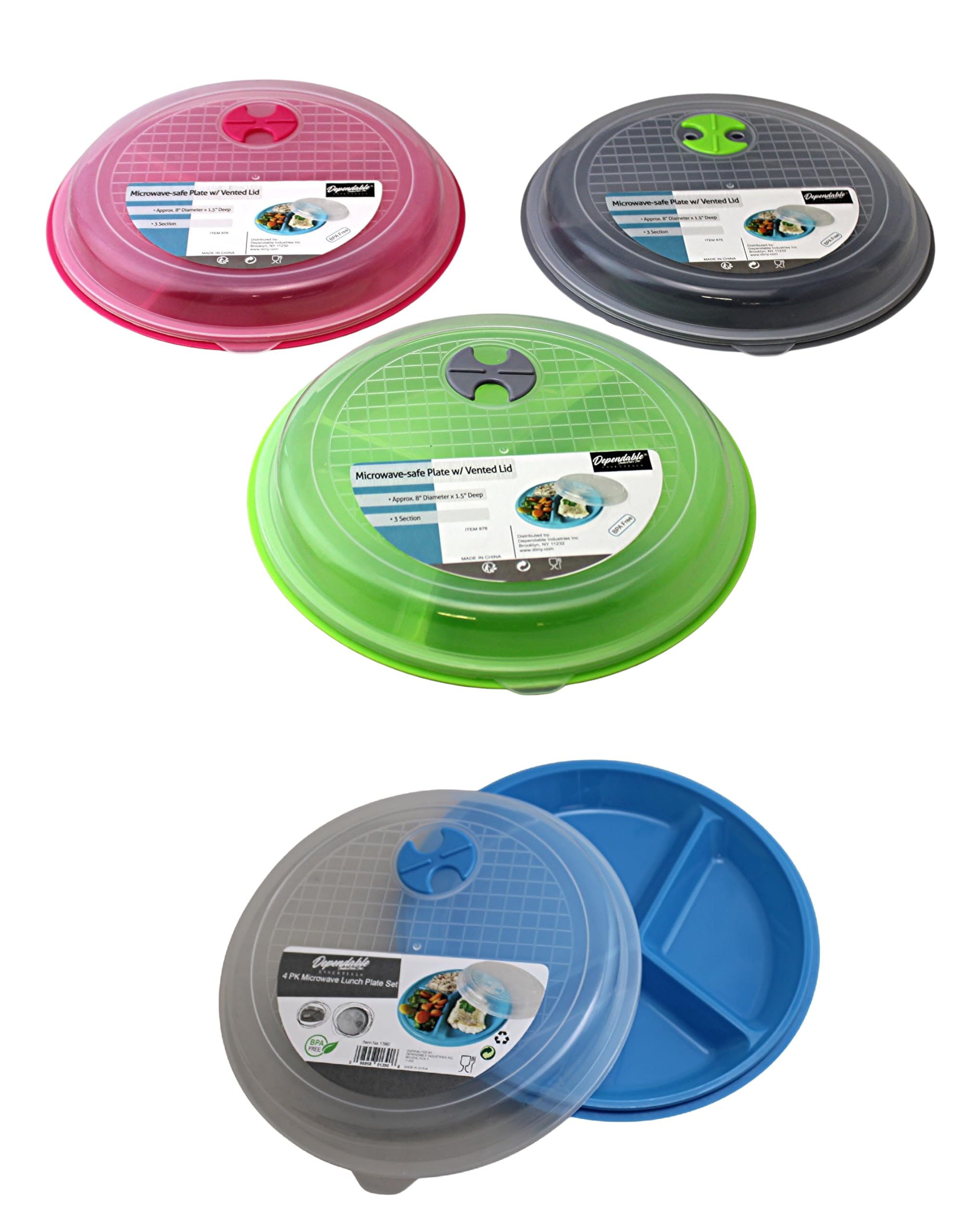 4-Pack Divided Microwave Plates with Vented Lids - BPA-Free, Stackable Meal Prep Plates - 3 Section Food Storage - Microwave, Fr