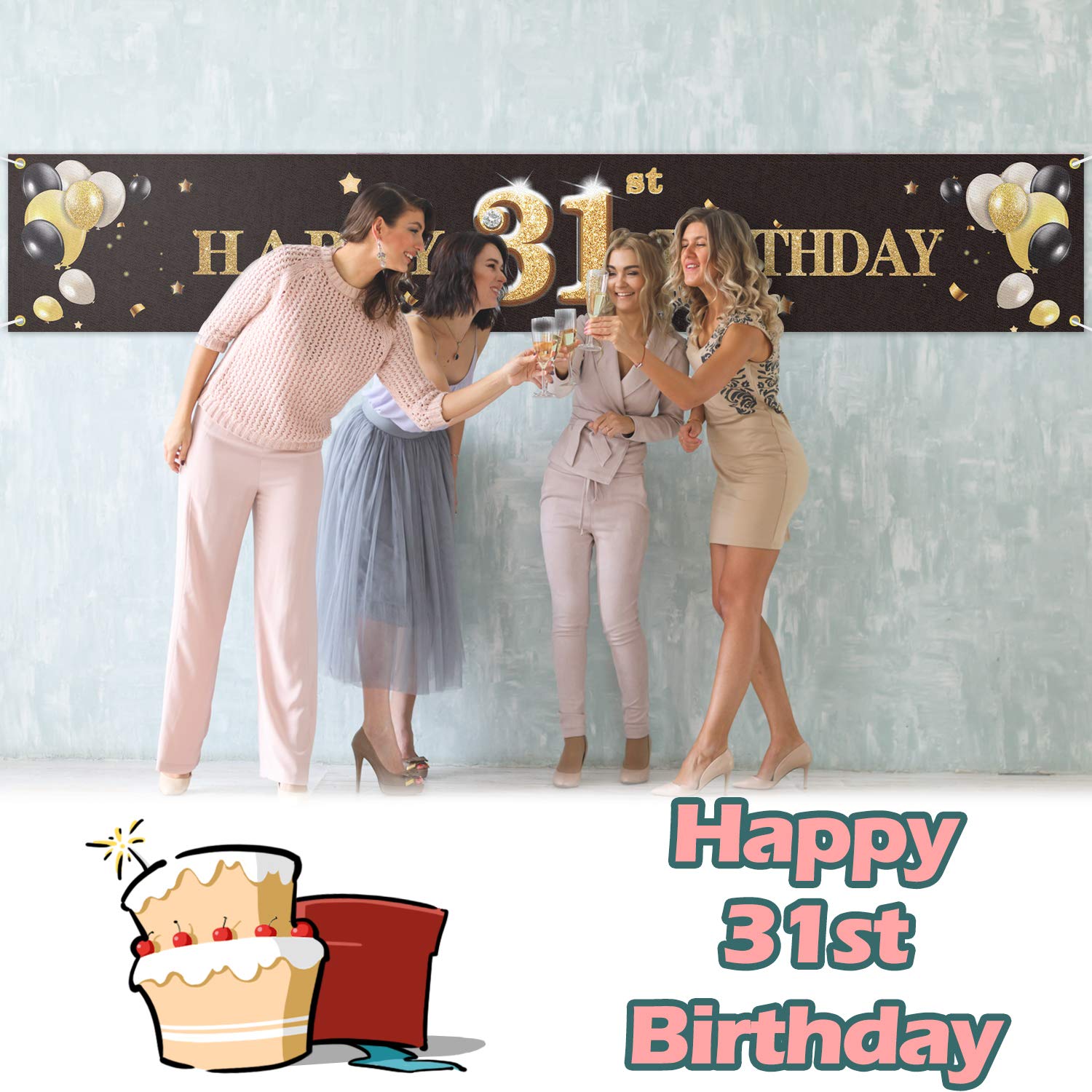 Pakboom Happy 31St Birthday Backdrop Black Photo Background Banner Cheers To 31 Years Old Decorations Party Supplies