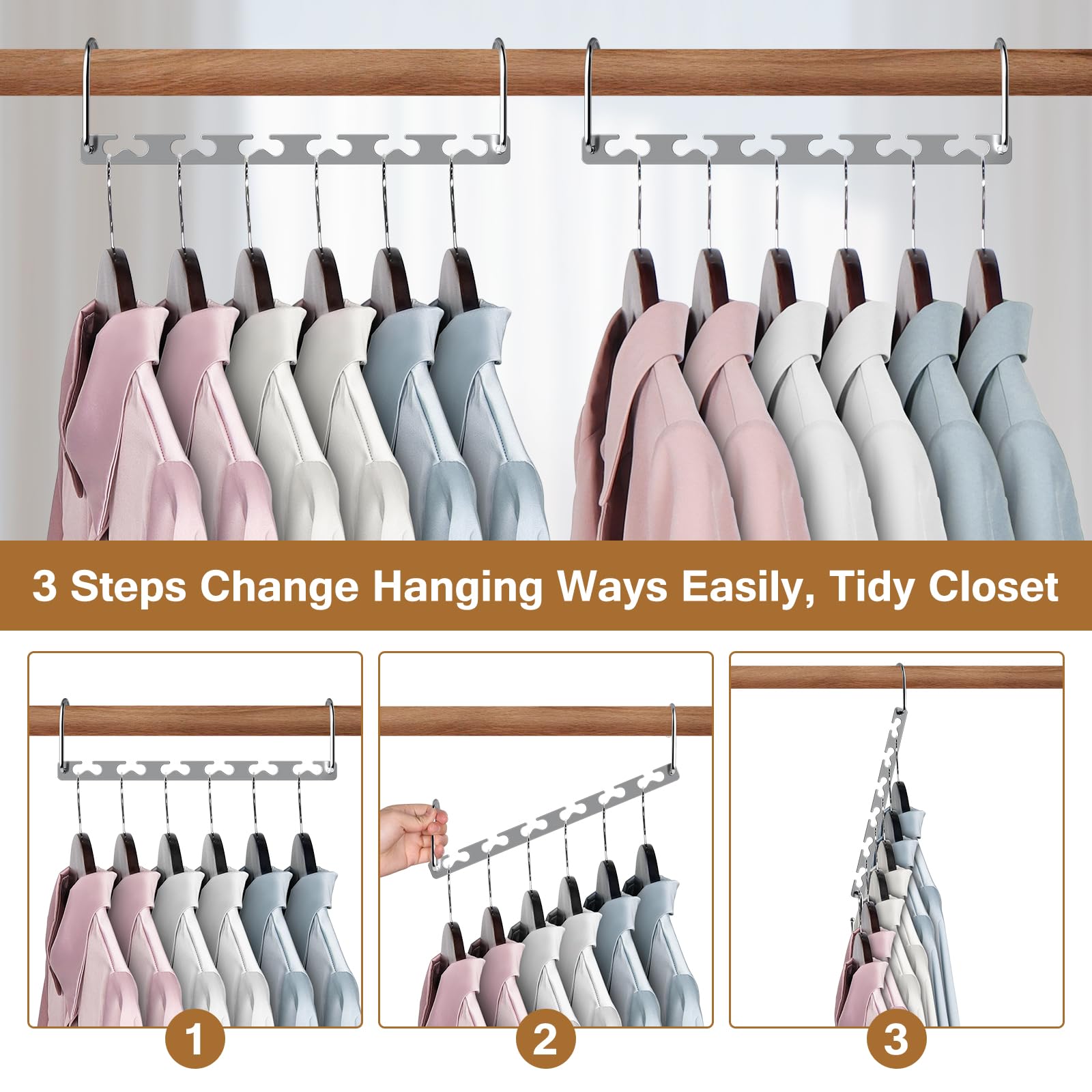 Sindax Sturdy Metal Hangers - Space Saving 10" Stainless Steel Closet Organizer, Silver, Pack of 6 Cascading Hangers