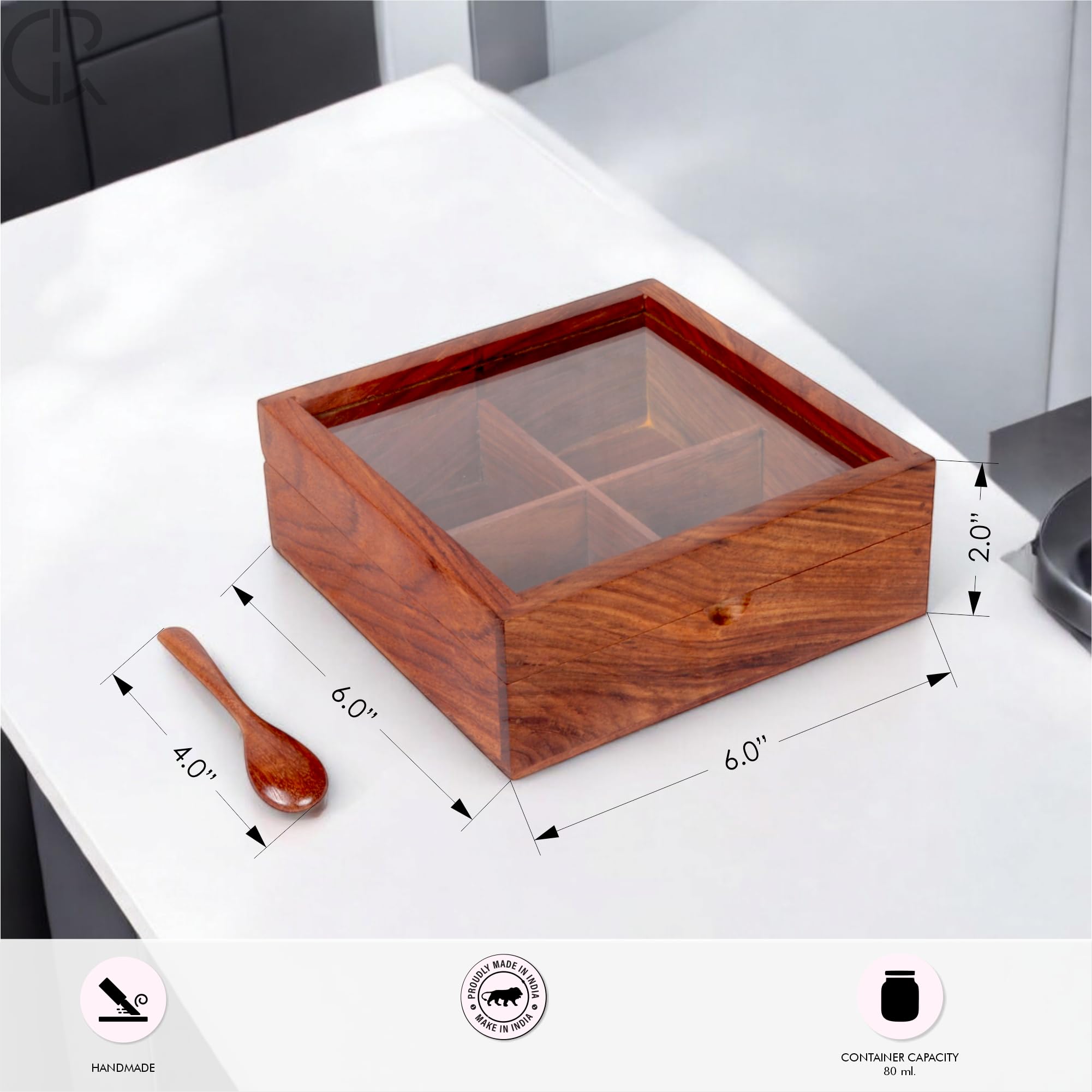 Wooden Spice Box With 4 Partitions & Spoon, Mukhwas For Refereshment, Spice Container For Kitchen, Masala Dabba, Namakdani For K