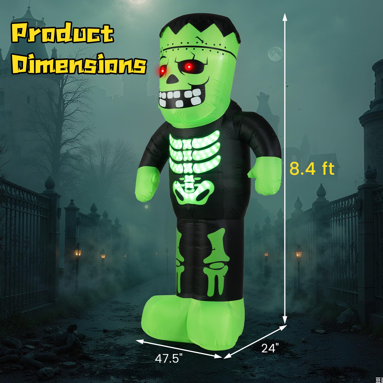 Tangkula 8.4 Ft Halloween Inflatable Frankenstein Skeleton, Light Up Outdoor Yard Decoration with LED Lights, Scary Blow Up Mons