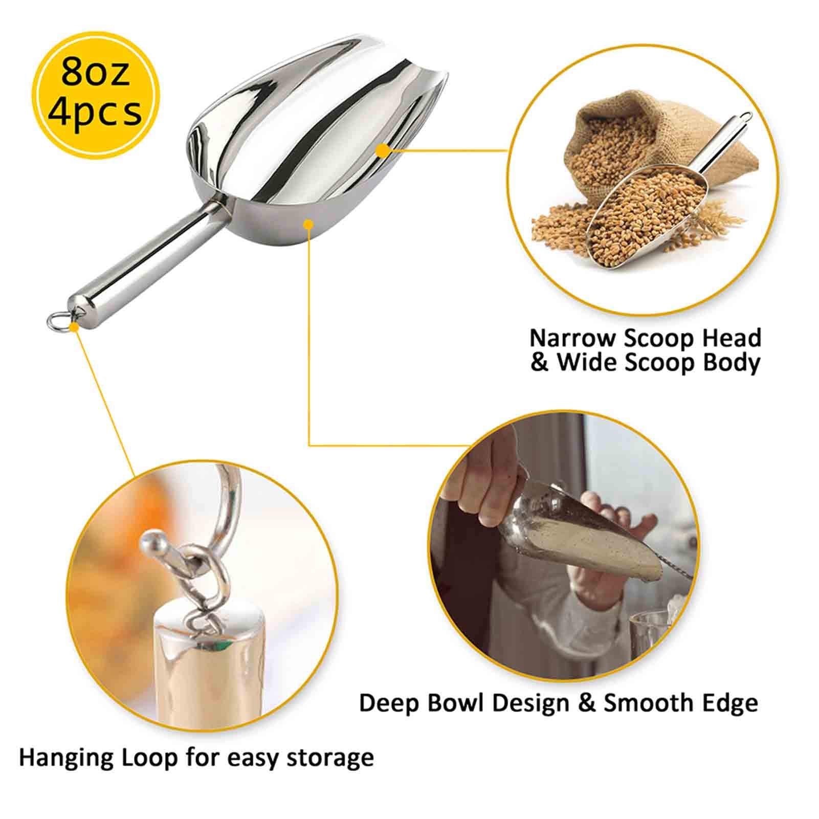 Teamfar Ice Scoop Set Of 4, 8 Oz Stainless Steel Utility Metal Scoop For Food Candy Popcorn And More, Healthy & Sturdy, Easy Cle