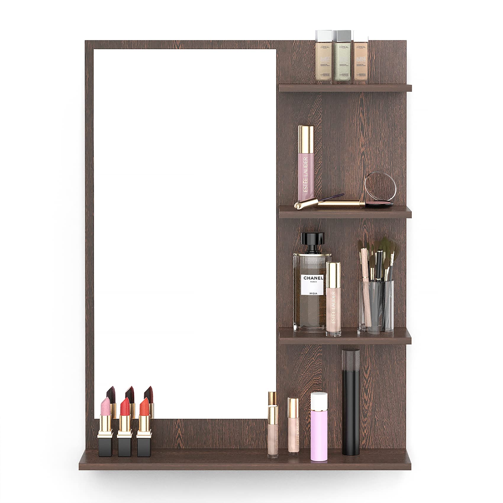 BLUEWUD Rico Mini Engineered Wood Wall Mount Dressing Table Organizer Makeup Vanity with Mirror Storage Shelves for Bedroom Home