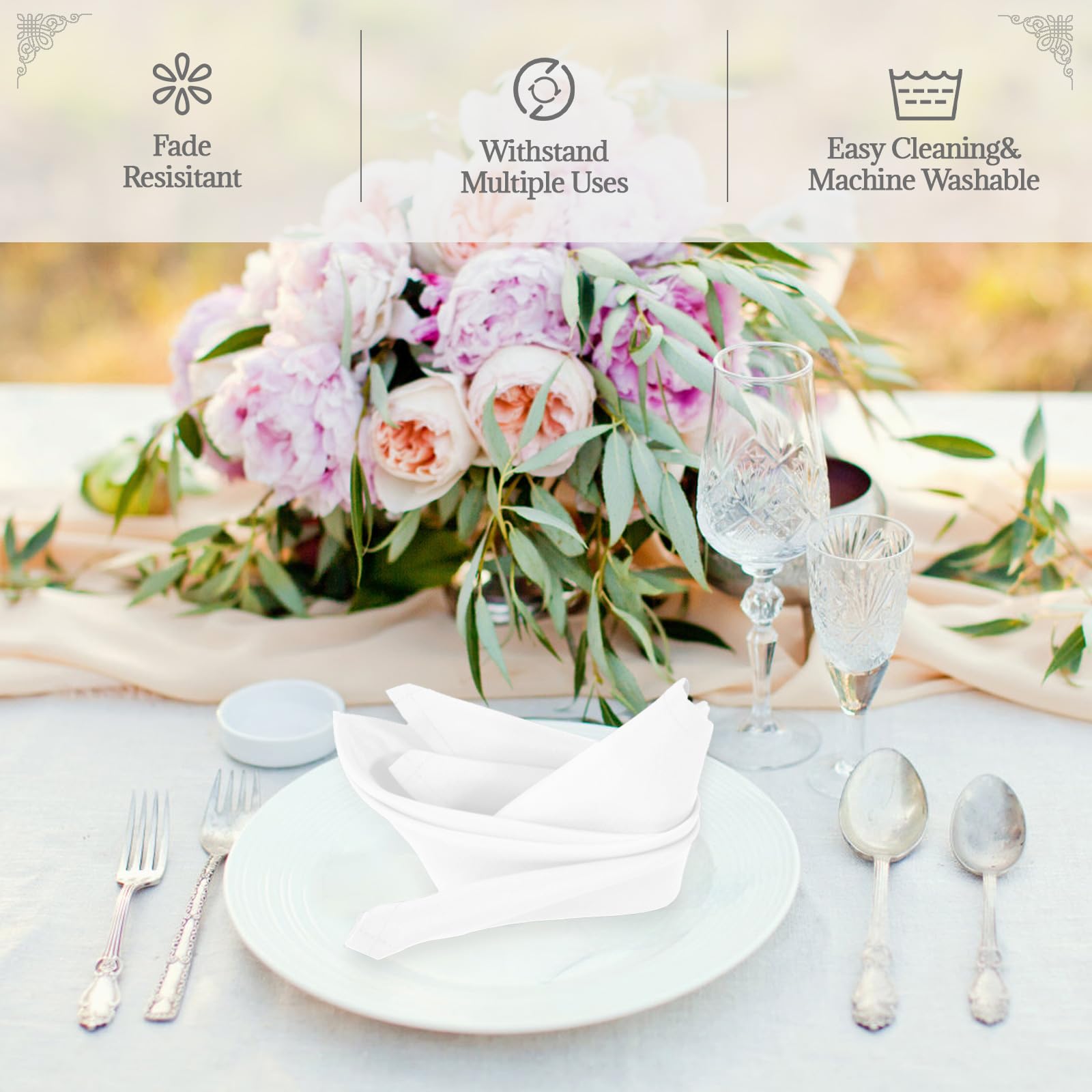Ploymono White Heavy Duty Cloth Napkins - 17 X 17 Inch Solid Washable Polyester Dinner Napkins - Set Of 8 Napkins With Hemmed Ed