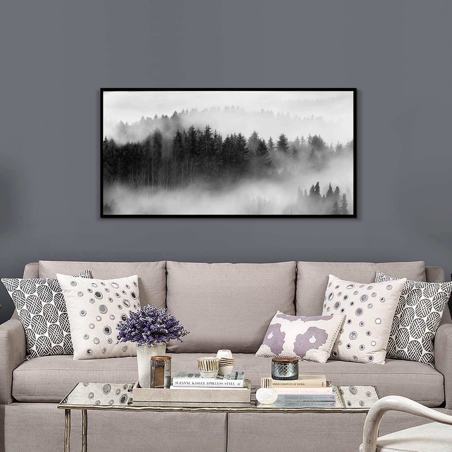 Foggy Forest Framed Wall Art: Landscape Canvas Print Black & White Picture Artwork For Wall (48''W X 24''H)