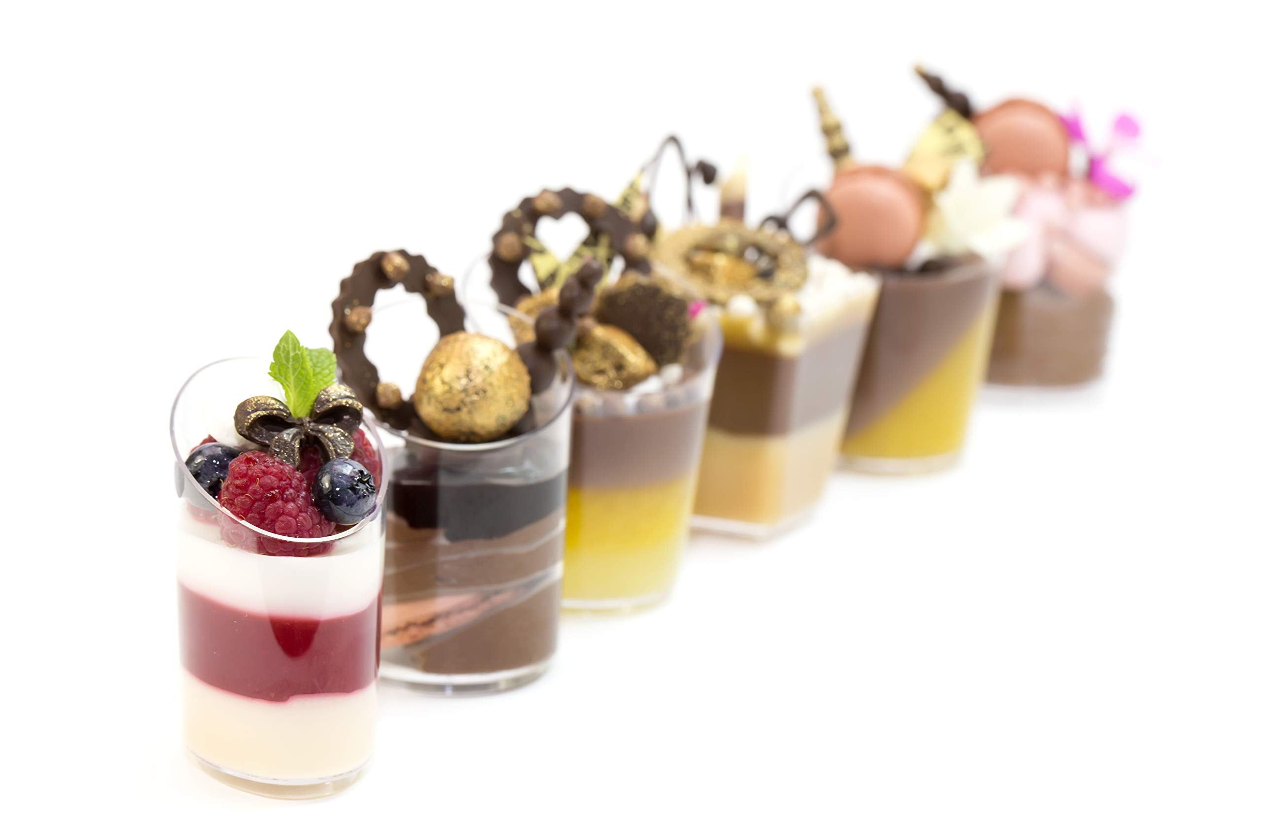 Open Cut Slanted Round Dessert Cups - 3 Ounce - 40 Count - Spoons Included - Clear Plastic - Slanted Cylinder Mini Dessert Cup -