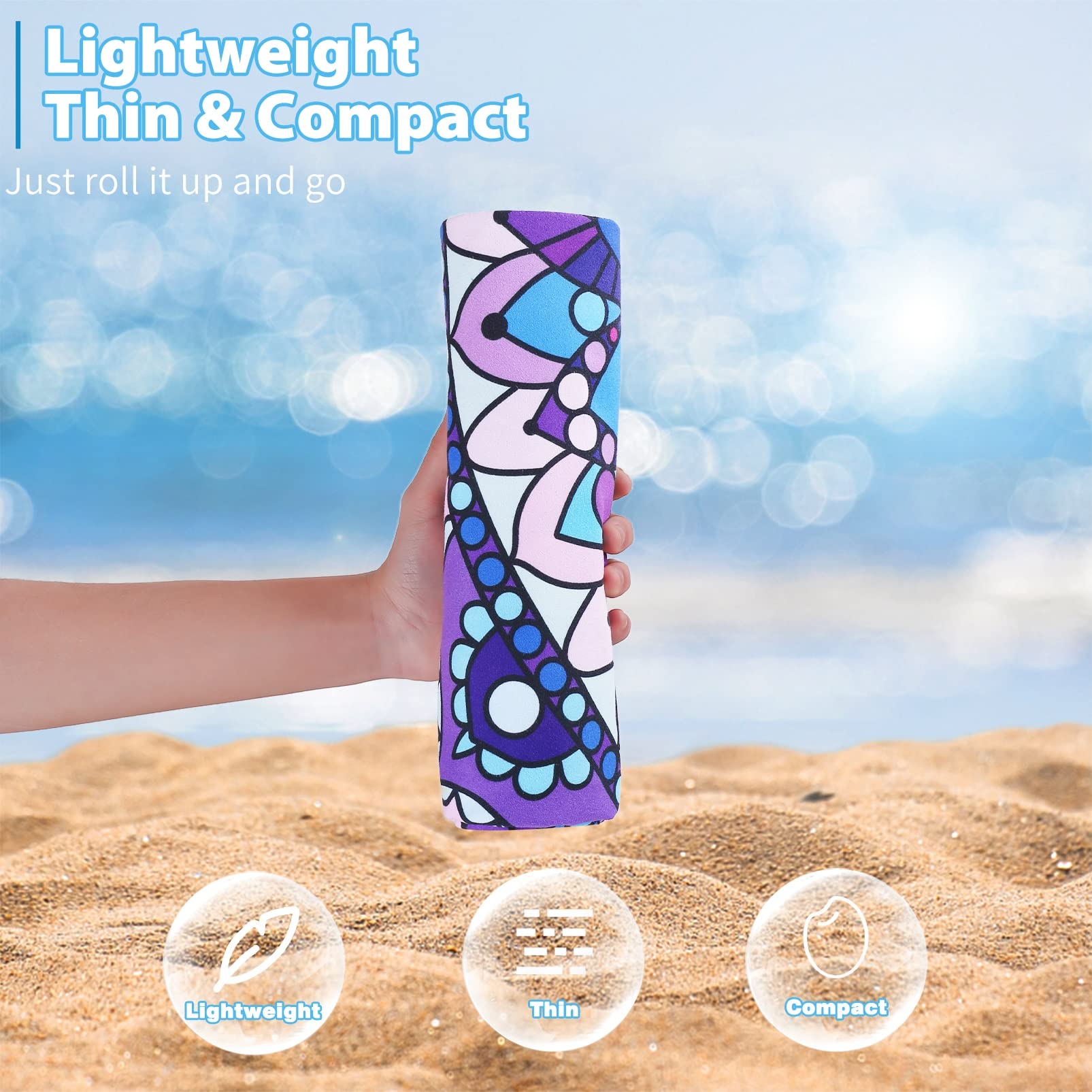 TwoYek Microfiber Beach Towel - Quick Dry, Super Absorbent, 71x32 Inches, Blue Mandala Boho, Lightweight for Travel and Sports