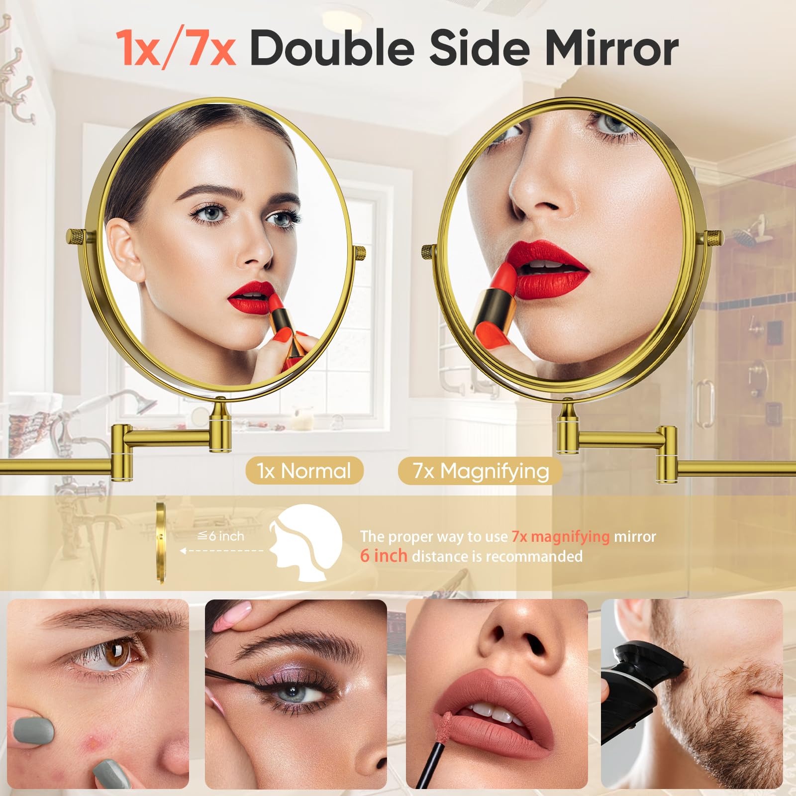 Gurun 8'' Wall Mounted Makeup Mirror With 7X Magnification,Two-Sided Swivel Bathroom Mirror,Brushed Gold Finish M1406Gj(8'',7X)