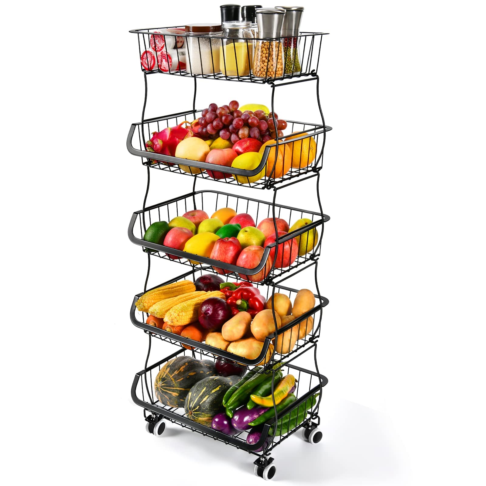 Fruit Vegetable Storage Basket, 5 Tier Stackable Metal Wire Storage Baskets With Wheels, Fruit Vegetable Produce Basket Organize