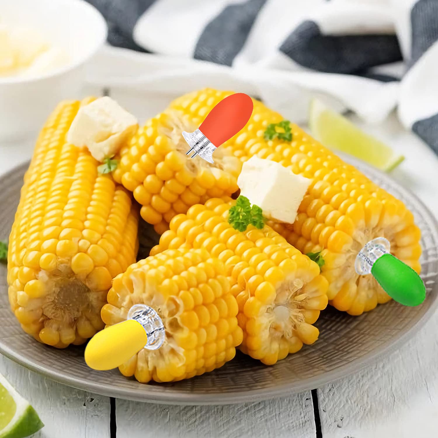Augsun 18 Pcs Stainless Steel Corn Cob Holders With Silicone Handle & Convenient Butter Spreading Tool