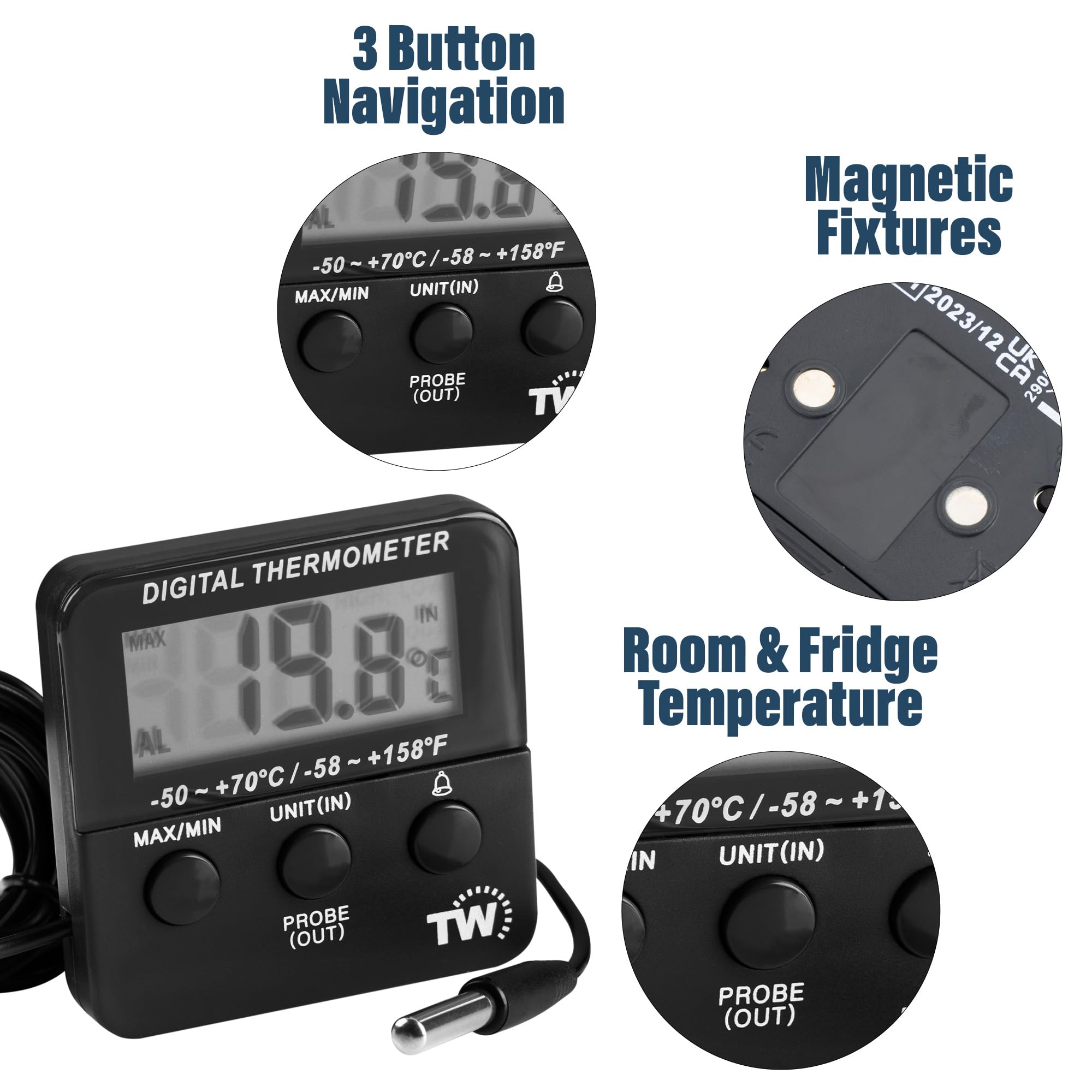 Digital Fridge Freezer Thermometer with Fridge Freezer Temperature Alarm and Max Min Function - Refrigerator Thermometer for Fridge and Freezer Alarm Alert When Temperatures Drop