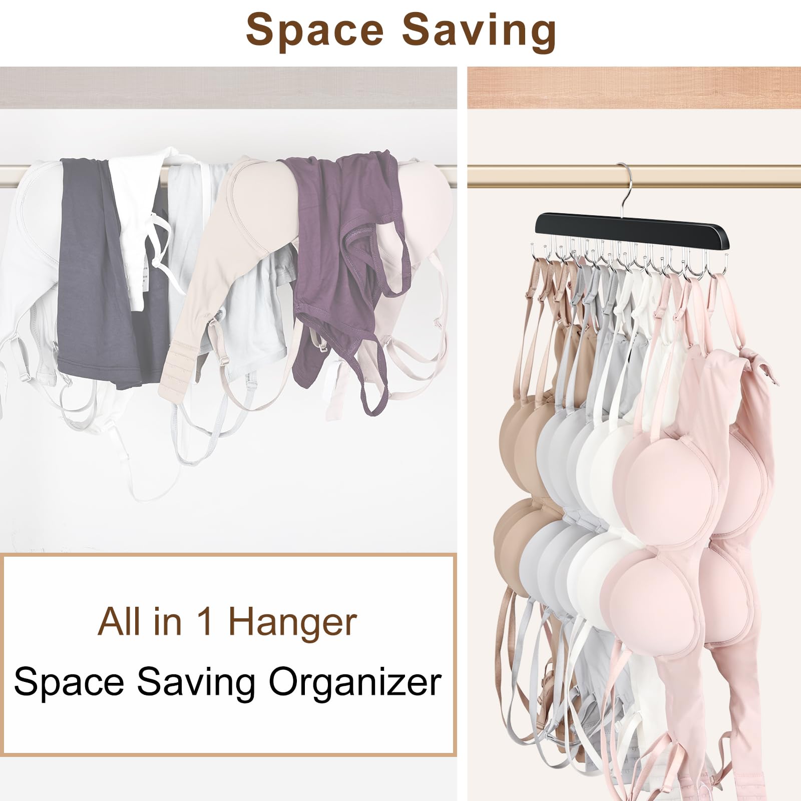 Resovo Bra Hanger For Closet, Tank Top Hanger 20 Hooks Capacity Foldable Wood Space Saving Hanger Closet Organizers And Storage