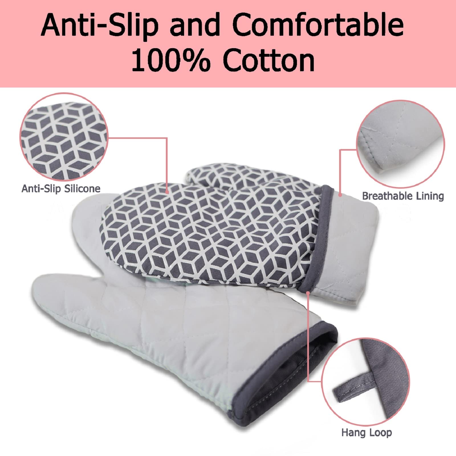 Navithous Oven Mitts And Pot Holders Sets 6Pcs, Thick Cotton Oven Gloves High Heat Resistant 500?With Extra Long Oven Mitts And