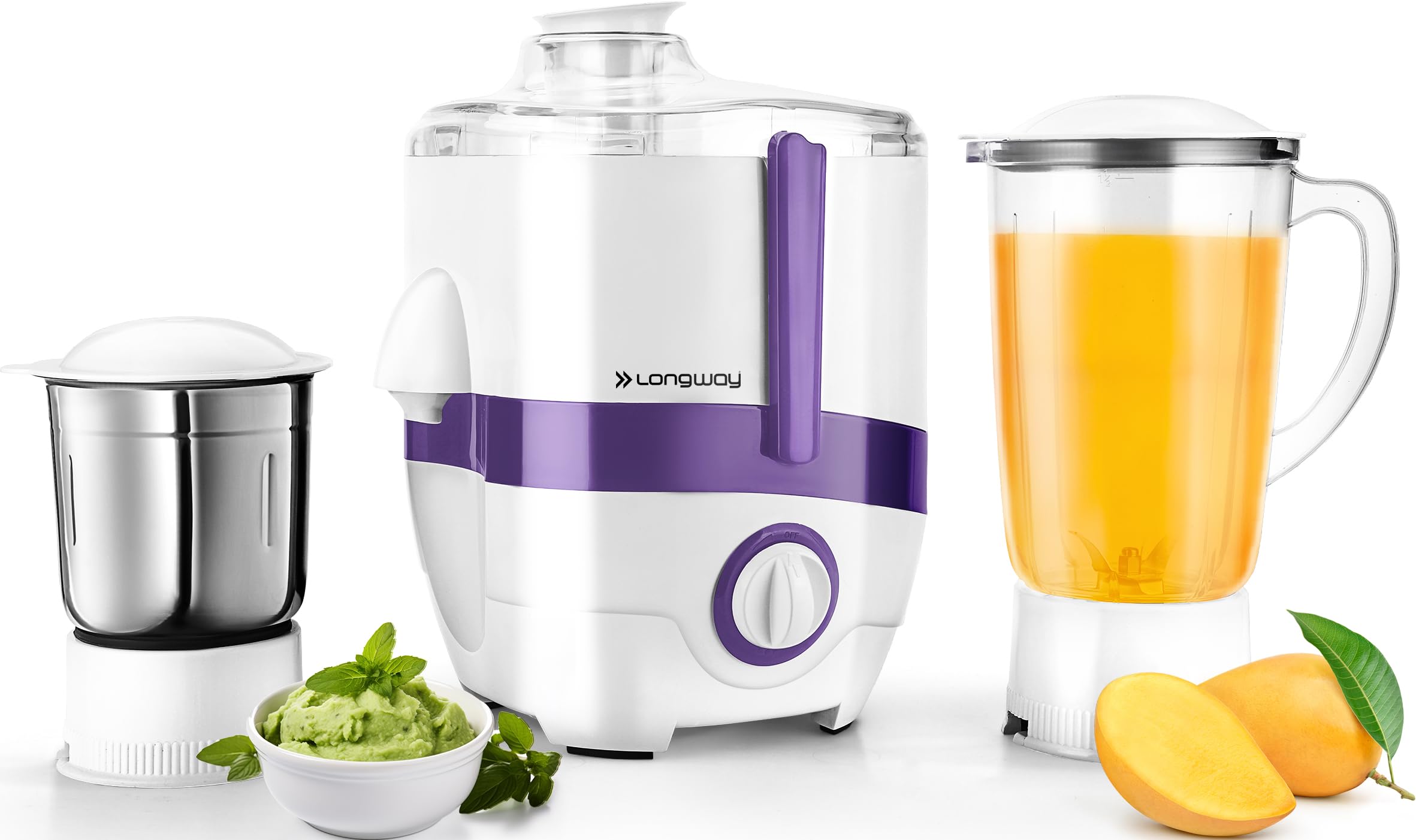Longway Juicy 600 Watt Juicer Mixer Grinder With 2 Jars For Grinding, Mixing, Juicing With Powerful Motor | 1 Year Warranty (2 J