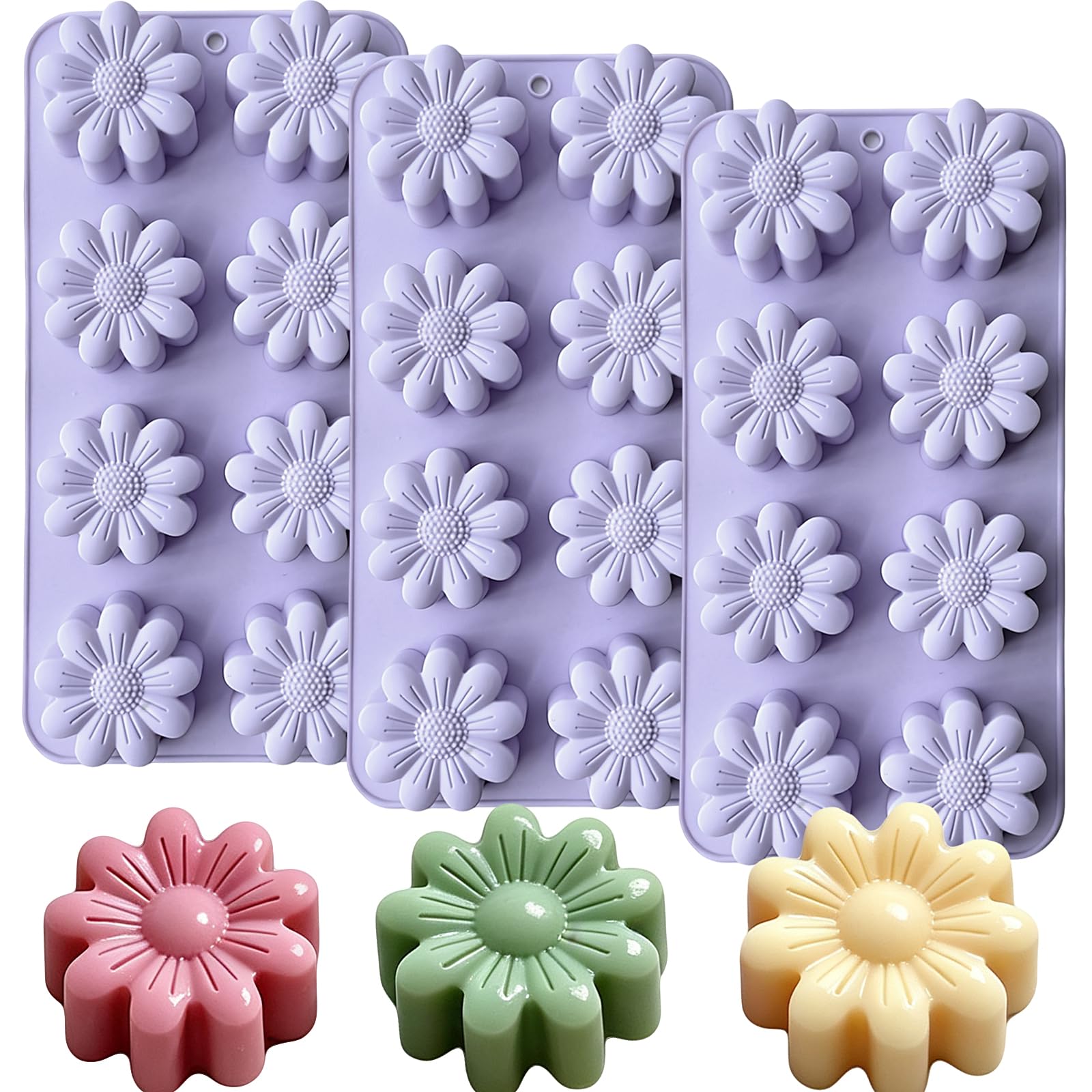 3 Pack Flower Silicone Molds, Daisy Flower Chocolate Candy Molds for Soap Making 8 Cavities Daisy Ice Cube Molds for Baking Cand