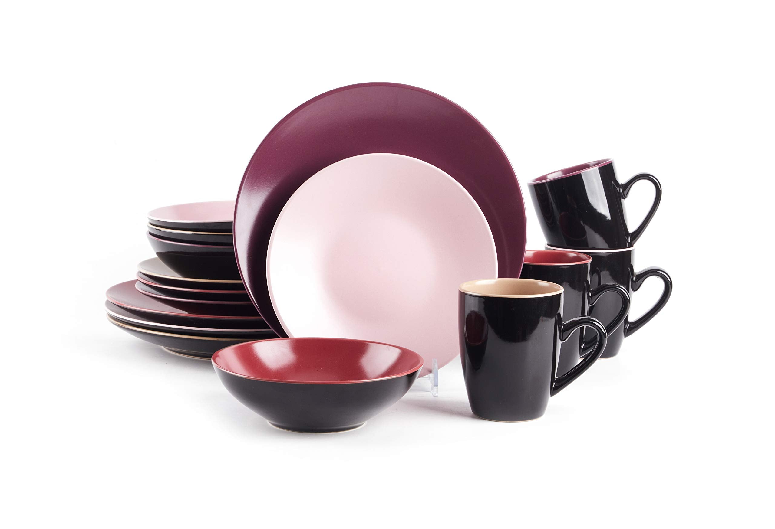 HomeVss Colors Life 16pc Dinnerware Set,Very Berry - 4 Assorted Colors Beige, Berry, Plum, and Rose