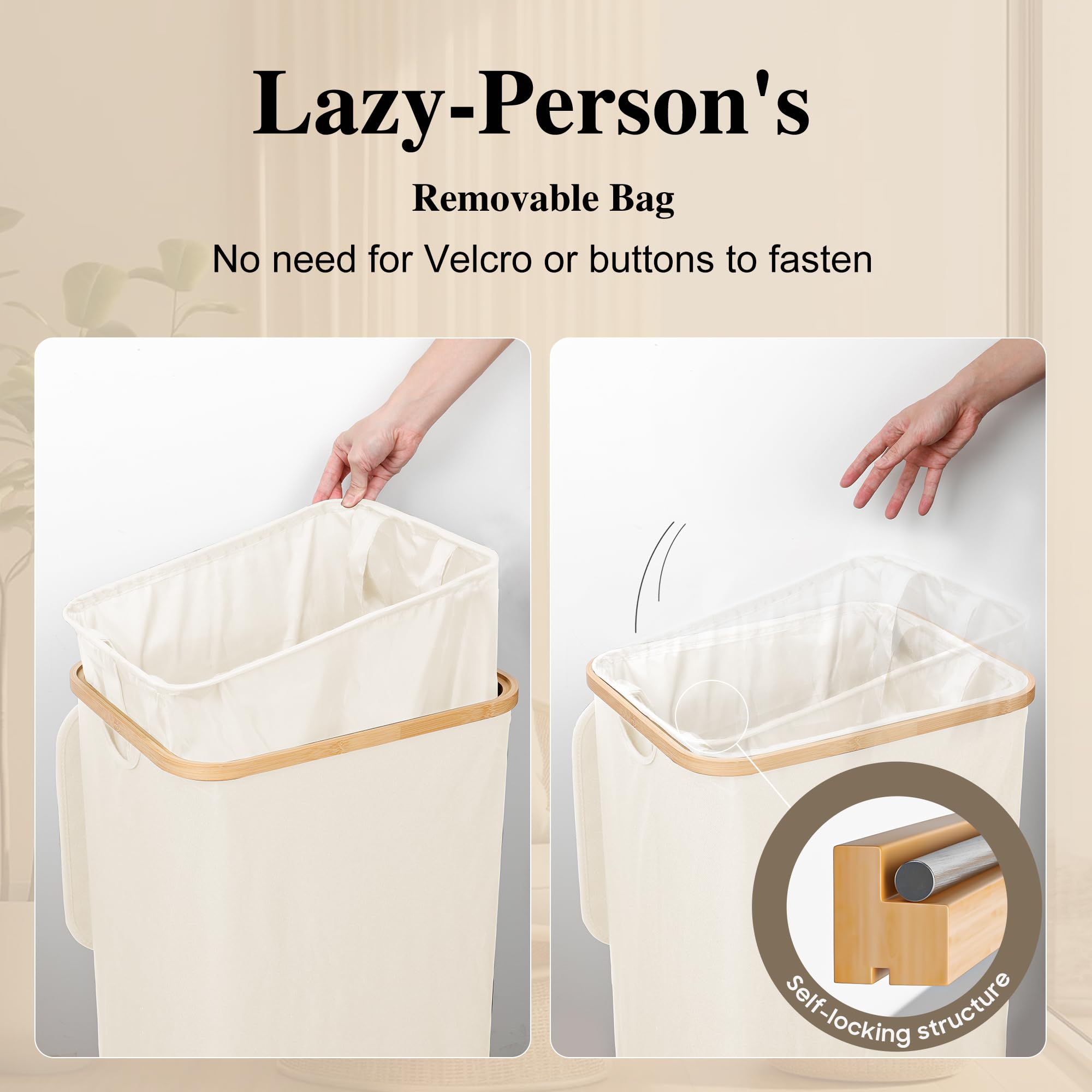 Foluck Large Laundry Hamper, 75L Waterproof Laundry Basket With Lid And Removable Bag, Collapsible Tall Clothes Hamper With Bamb