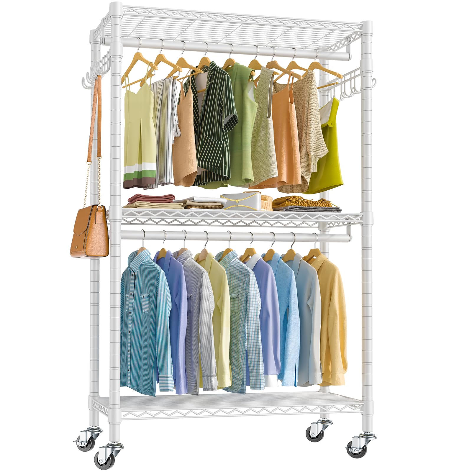 Vipek V12 Rolling Garment Rack 3 Tiers Adjustable Wire Shelving Clothes Rack With Wheels, Freestanding Wardrobe Storage Rack Hea