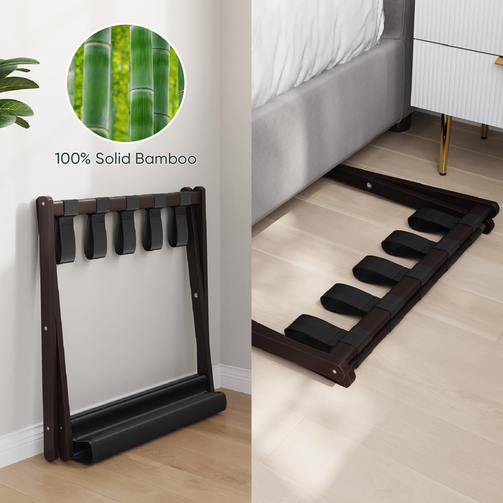 Smart Fendee 2 Pack Luggage Rack, Folding Luggage Rack For Guest Room, Brown Bamboo Suitcase Stand Holds Up To 131 Lb, Luggage S