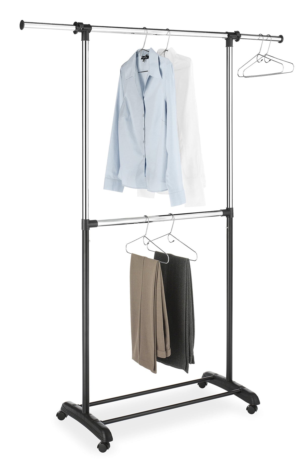 Whitmor Adjustable 2-Rod Garment Rack - Rolling Clothes Organizer - Black And Chrome