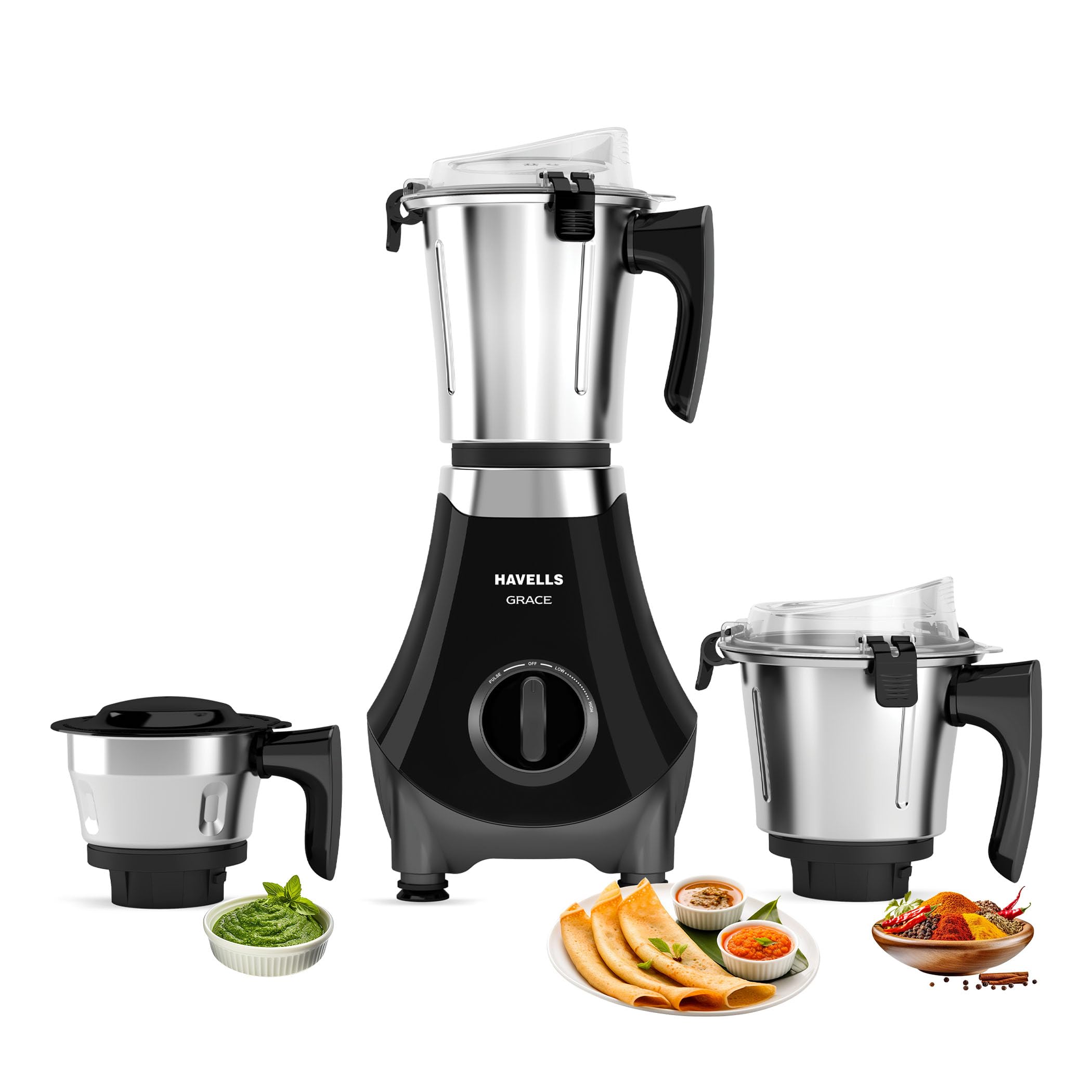 Havells Grace Bldc+ Mixer Grinder 800W|3 Jars|50% Less Perceptible Noise|45% Higher Grinding Power|Wider Mouth Jars With Clip Lo