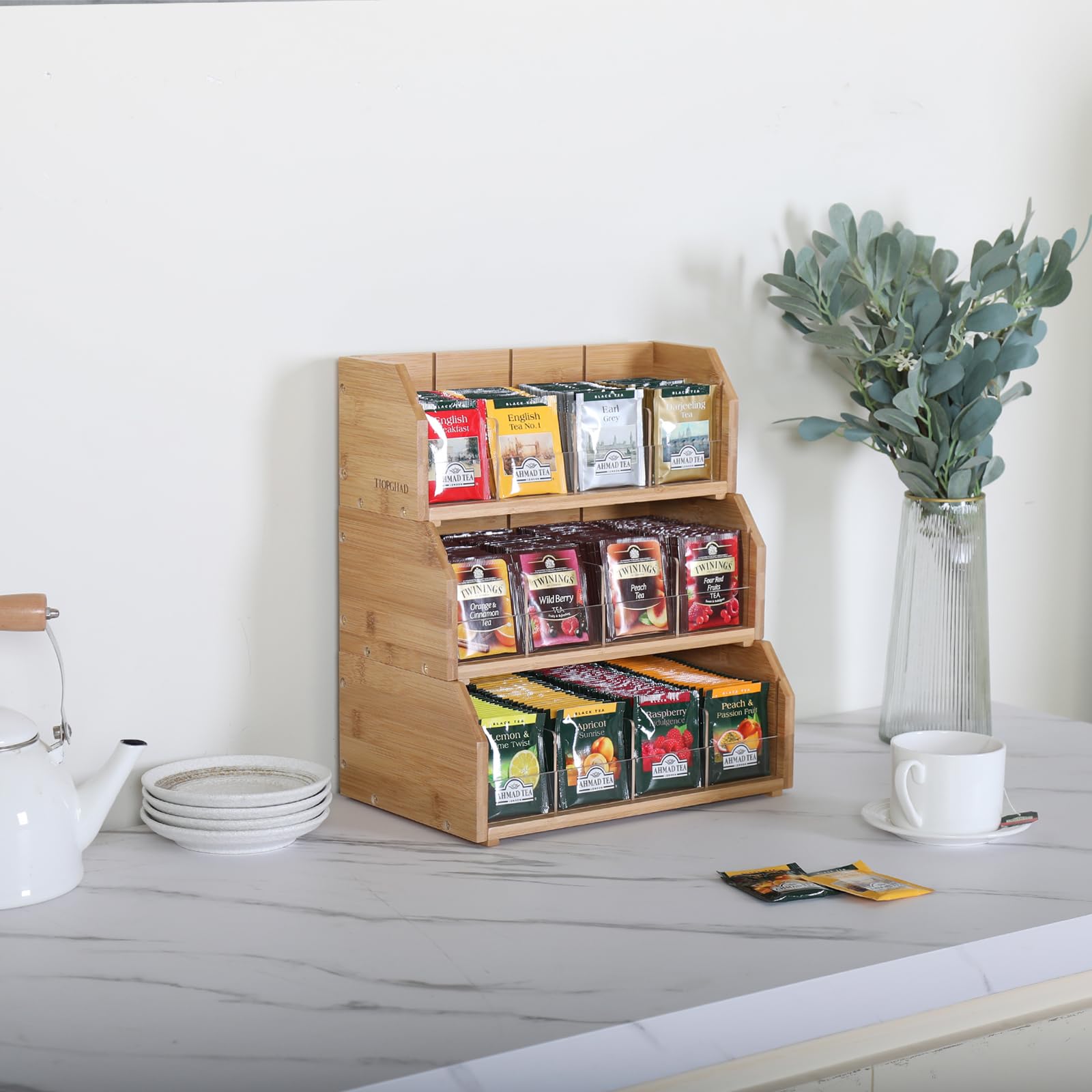 Tiopghad 3 Layer Stackable Bamboo Tea Bag Organizer Storage Holder For Tea Bags Wood Tea Box Containers Tea Rack Teabag Station