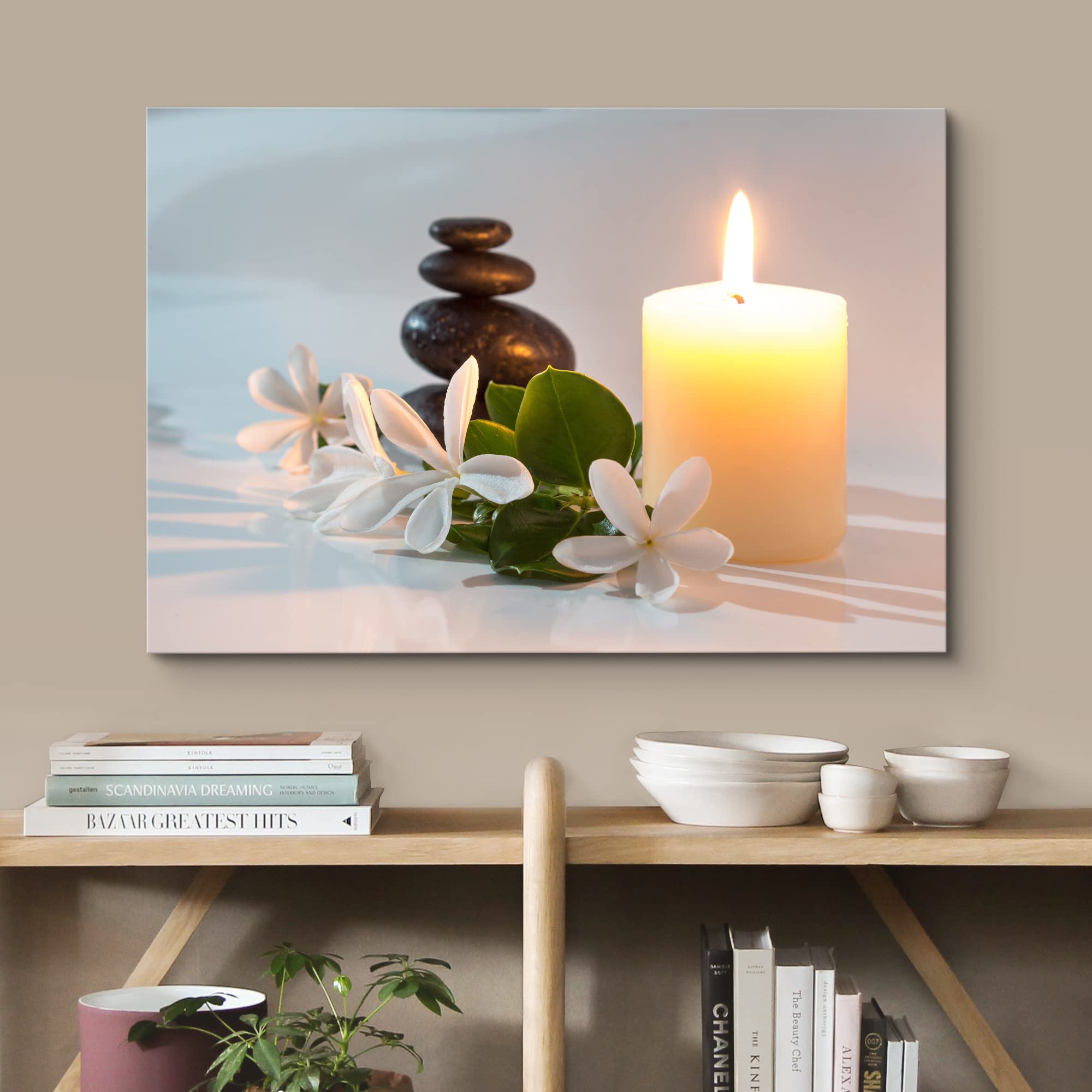 Wall26 Framed Canvas Print Wall Art Tiare Flowers With Candle And Zen Stone Nature Wilderness Photography Realism Chic Scenic Co
