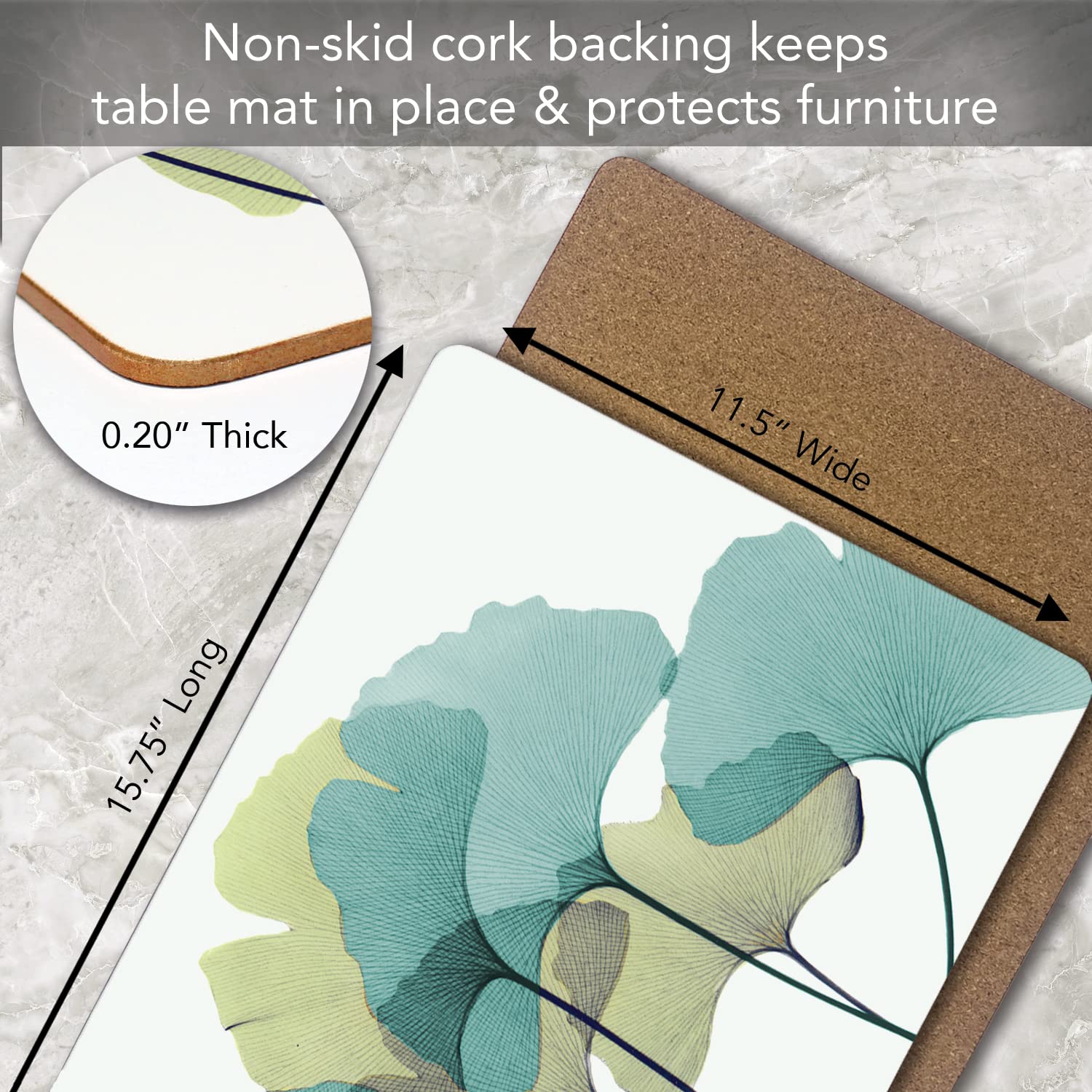 Cala Home Gingko Decorative Hardboard Cork Back Tabletop Placemats 4 Pack Manufactured In The Usa Heat Tolerant And Easily Wipes