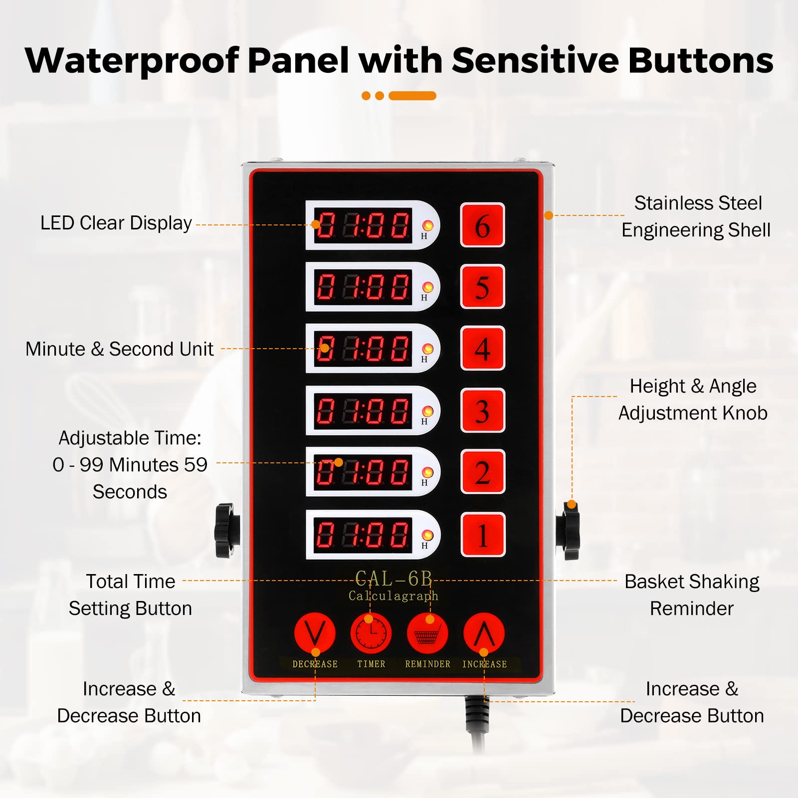 Beamnova 6 Channel Digital Kitchen Timer Cooking Reminder Commercial Loud Ring Alarm Stainless Steel Adjustable Volume