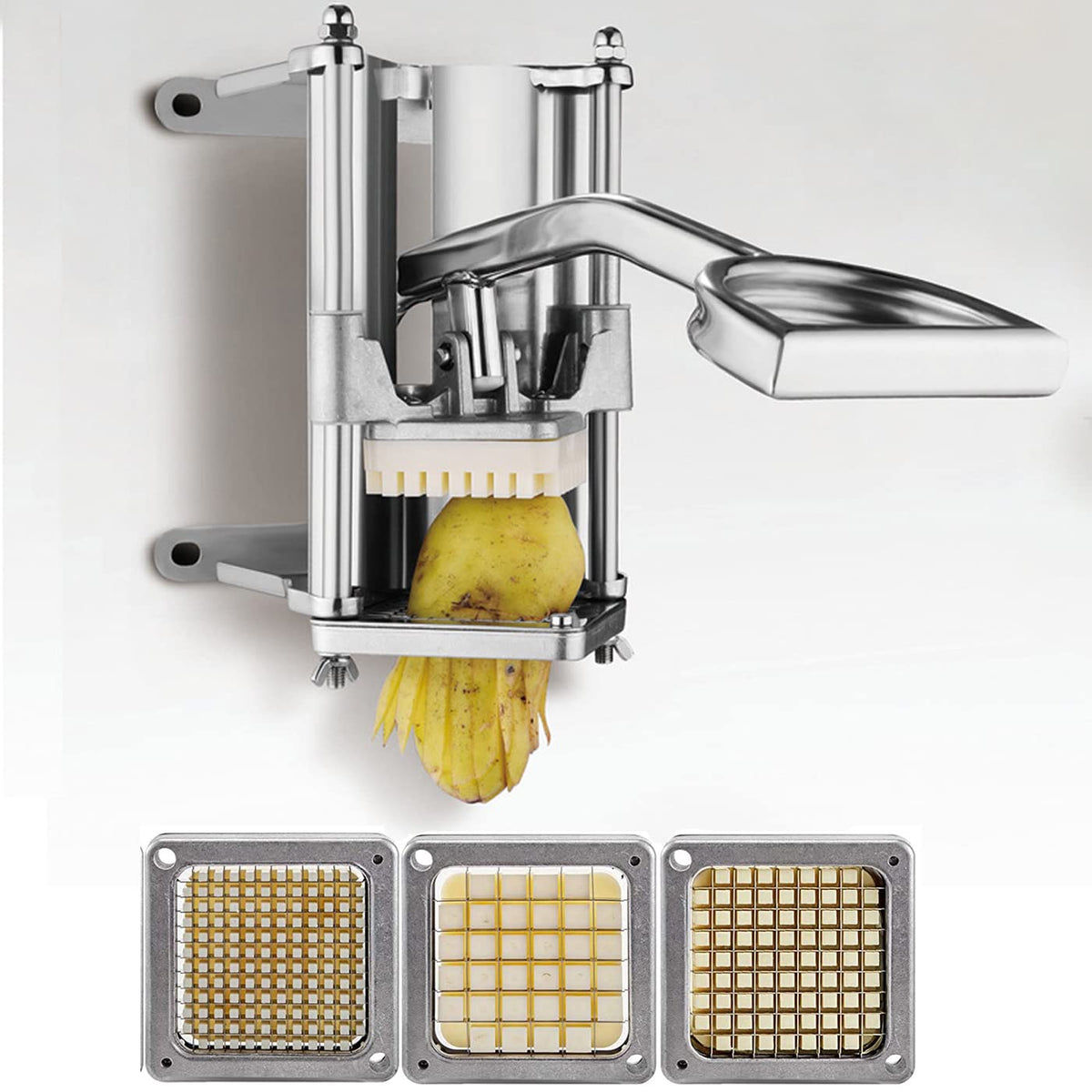 Uyoyous French Fry Cutter Stainless Steel Potato Cutter Commercial Vegetable Fruit Chopper With 1/2'', 3/8'', 1/4'' Blades Potat