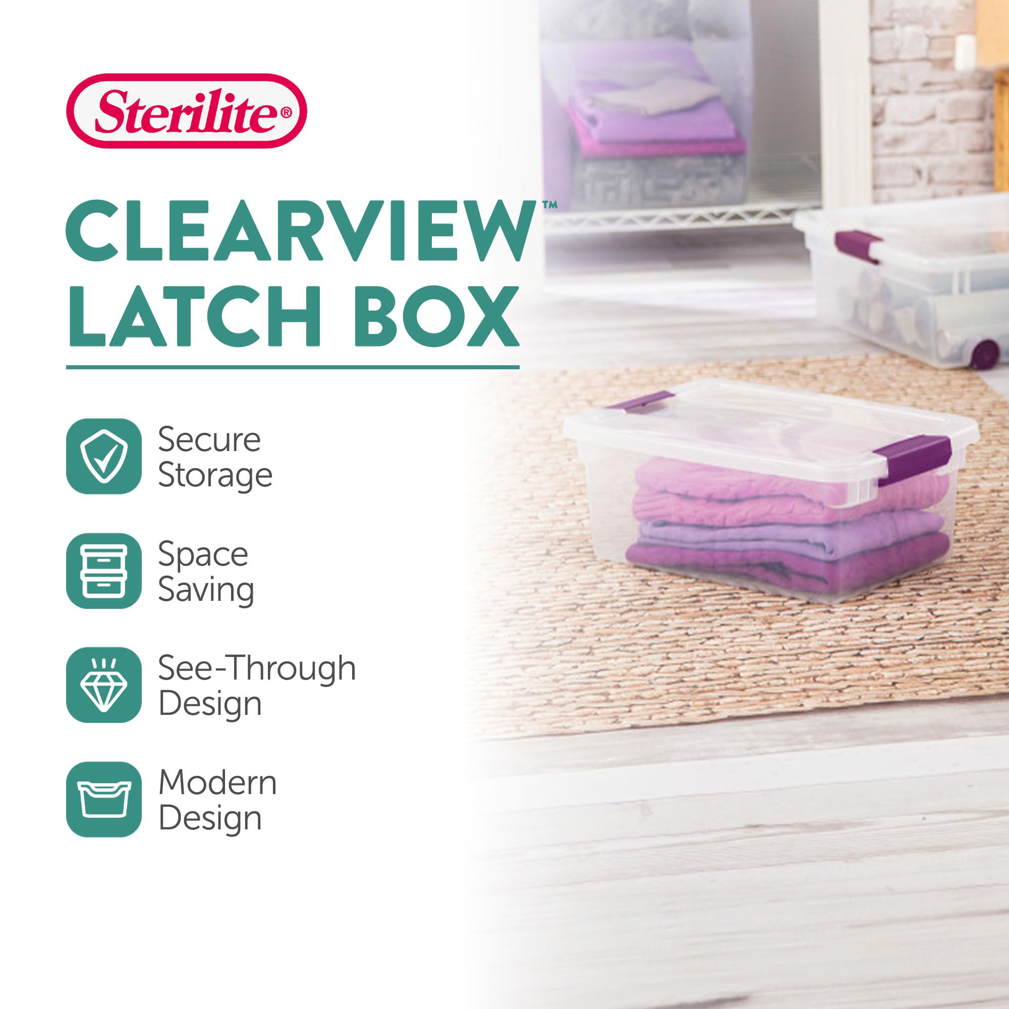 Sterilite 15 Qt ClearView Latch Box - Stackable Storage Bin, Clear/Purple, 12-Pack, Durable Plastic, Organize Clothes & Shoes