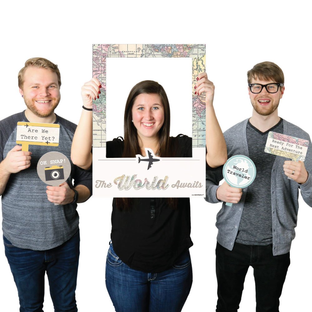 Big Dot Of Happiness World Awaits - Travel Themed Party Selfie Photo Booth Picture Frame & Props - Printed On Sturdy Material