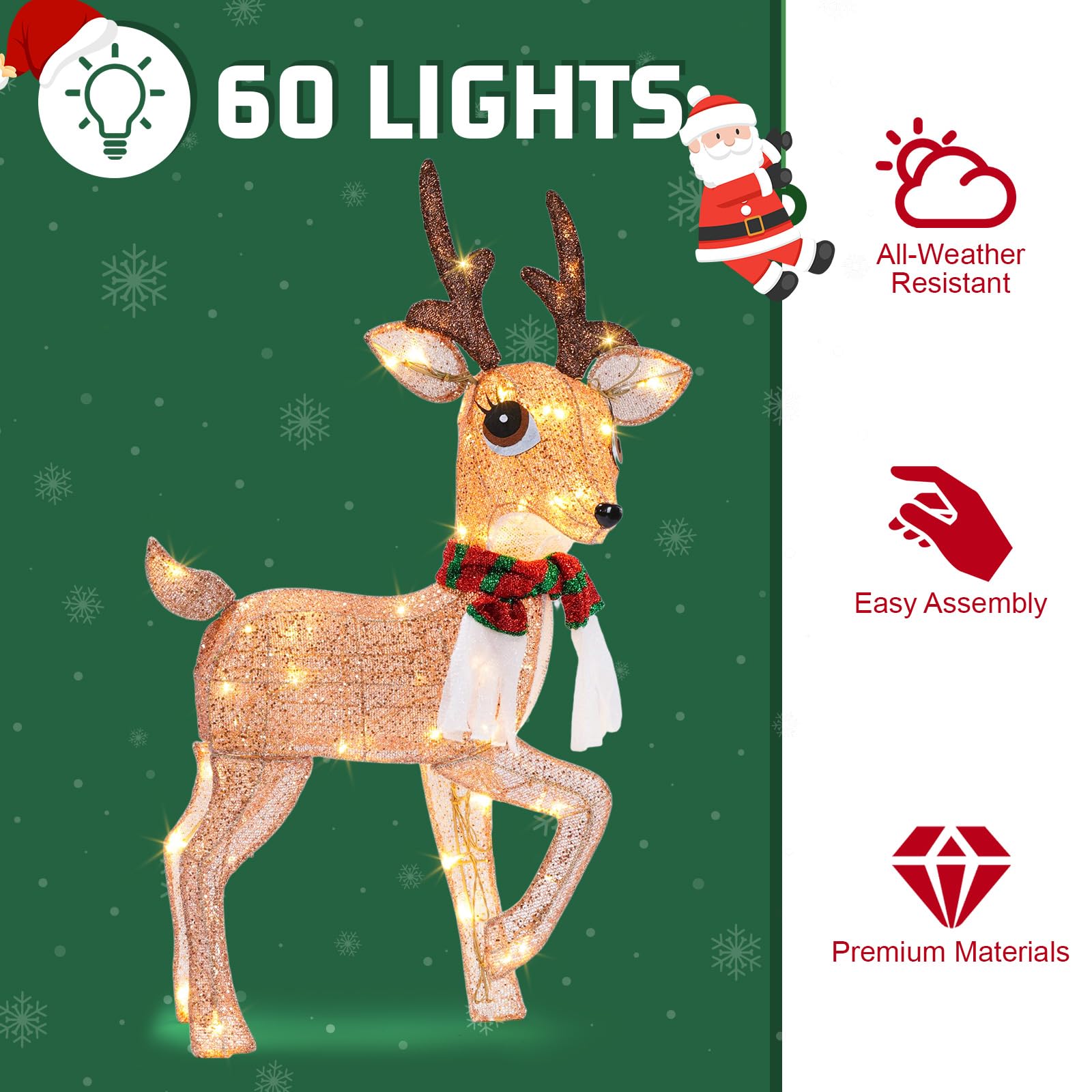 37 Inch Lighted Christmas Deer, 60 LED Pre-lit Lighted Christmas Deer Outdoor Decorations, Plug-in Deer Christmas Decor for Yard