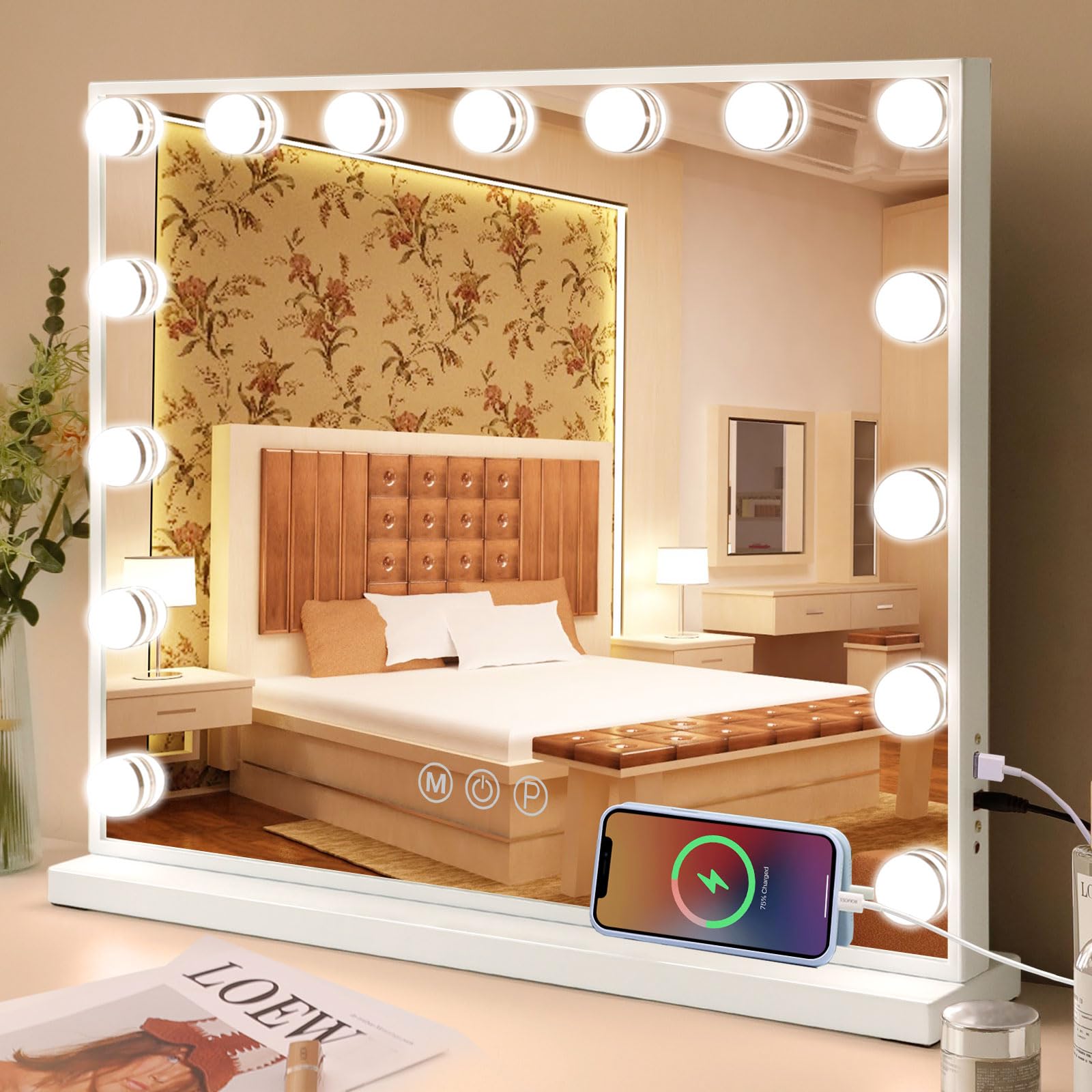 Fenair Vanity Mirror With Lights 22.8''X 18.1'' Makeup Mirror With Lights And 15 Dimmable Bulbs,3 Colors Modes,Hollywood Mirror